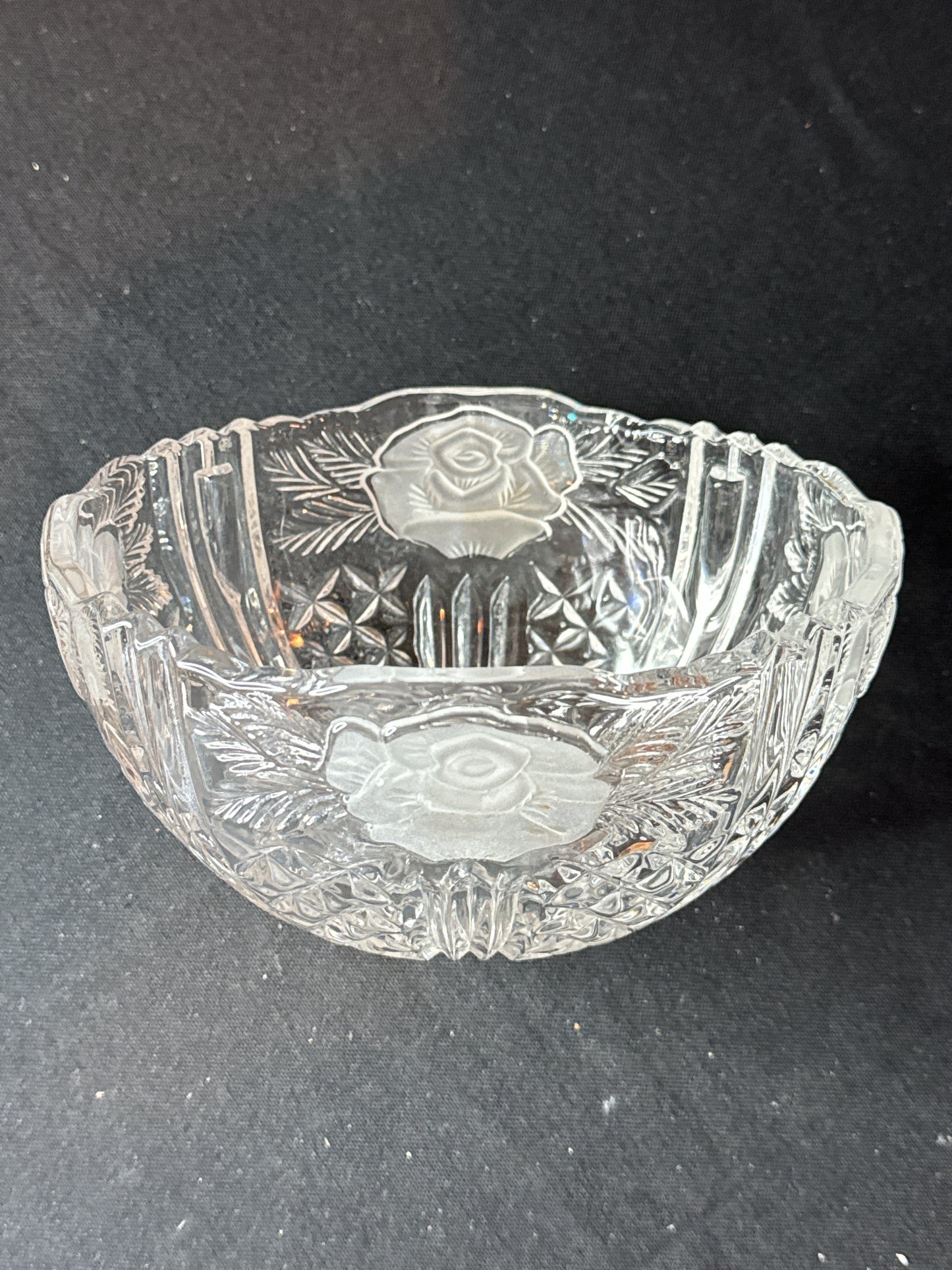 Frosted Rose Design Lead Crystal Glass Bowl 6.75" x 5.25" x 3.75 Tall