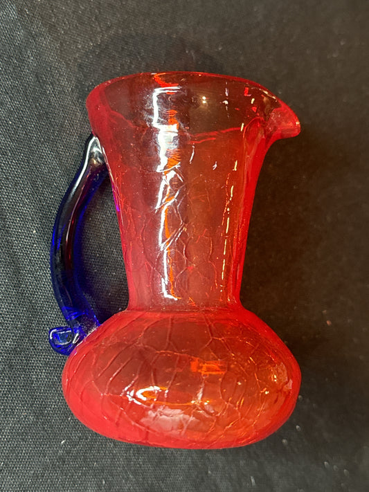 Vintage 4" Blenko Crackle Glass Creamer Pitcher Flame Orange Persimmon Blue Handle MCM