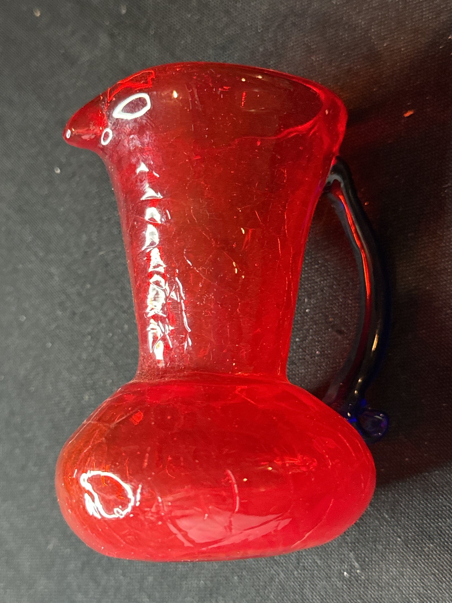 Vintage 4" Blenko Crackle Glass Creamer Pitcher Flame Orange Persimmon Blue Handle MCM