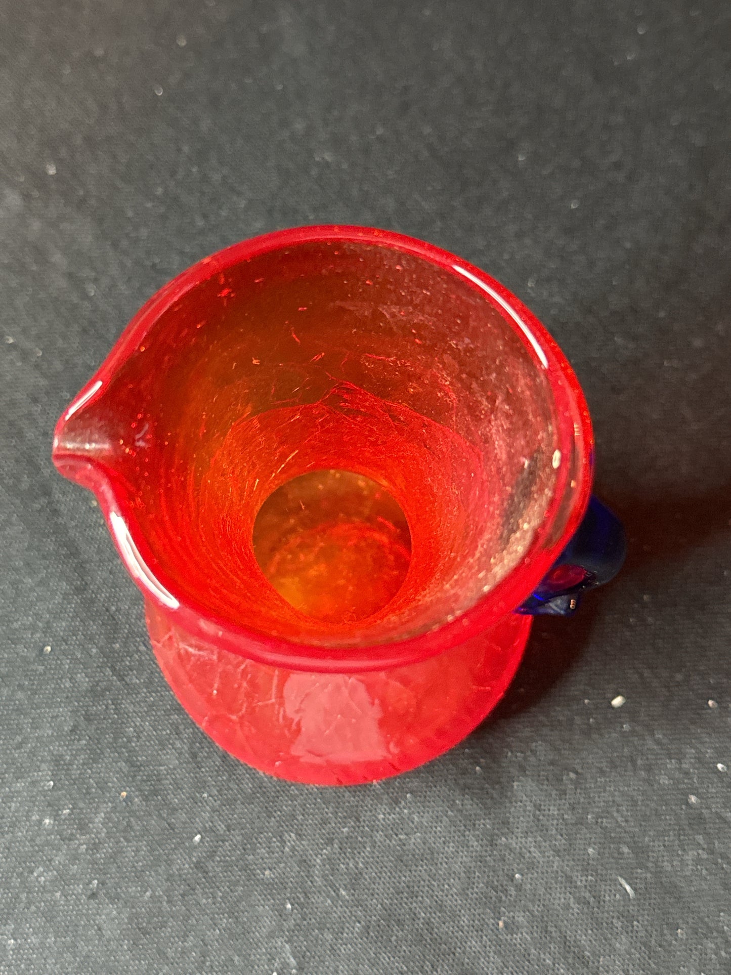 Vintage 4" Blenko Crackle Glass Creamer Pitcher Flame Orange Persimmon Blue Handle MCM