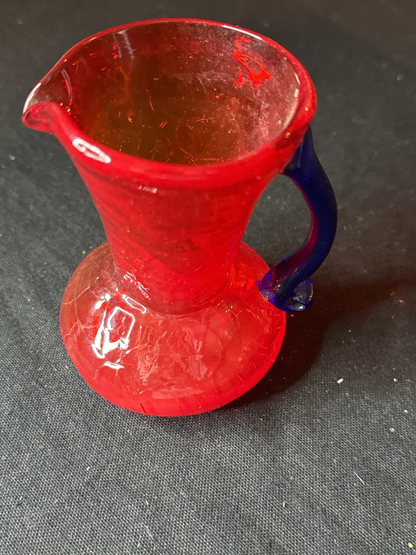 Vintage 4" Blenko Crackle Glass Creamer Pitcher Flame Orange Persimmon Blue Handle MCM