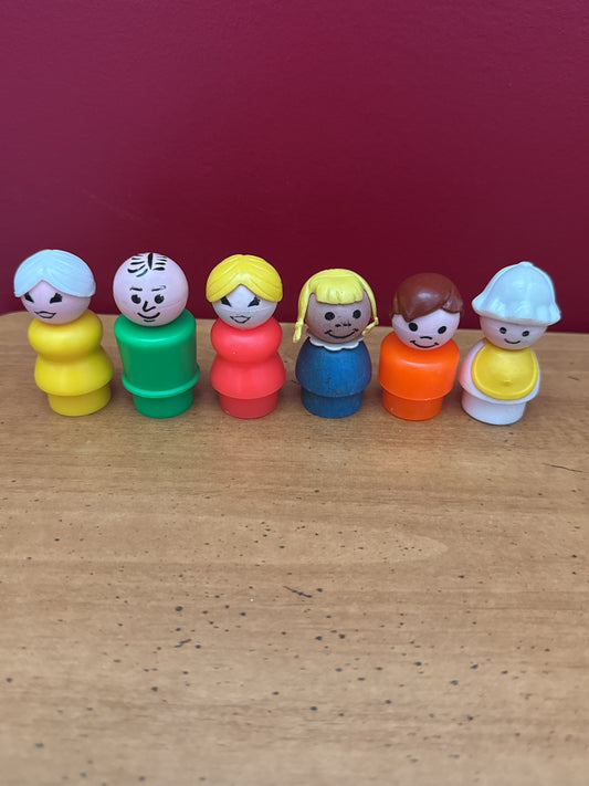 Vintage 1970s Fisher Price Little People Family Set of 6 Figures Including Baby