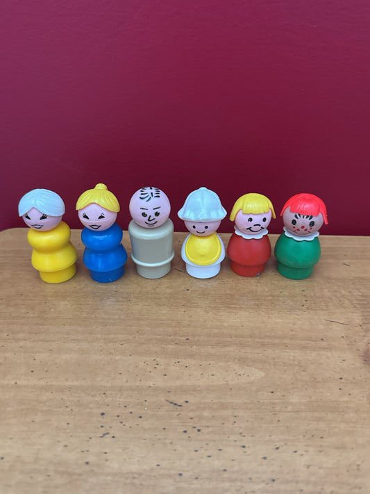 Vintage 1970s Fisher Price Little People Family Set of 6 Figures Including Baby & Grandma