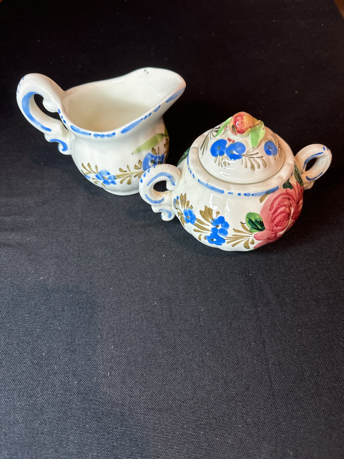 Vintage Italian Renaissance Revival Faience Floral Covered Sugar Bowl & Creamer