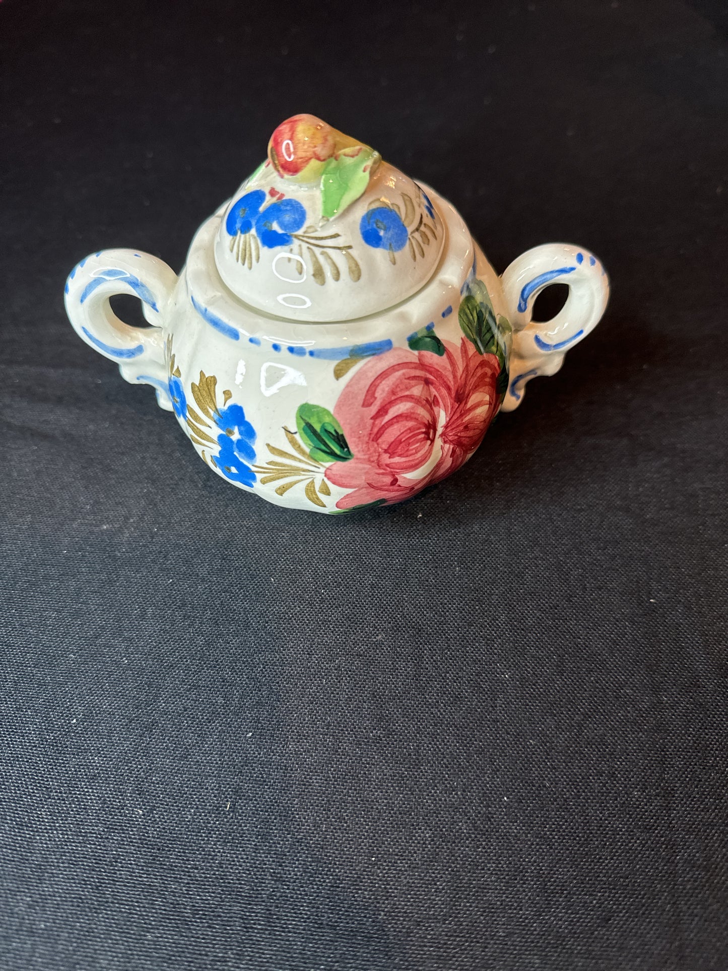 Vintage Italian Renaissance Revival Faience Floral Covered Sugar Bowl & Creamer