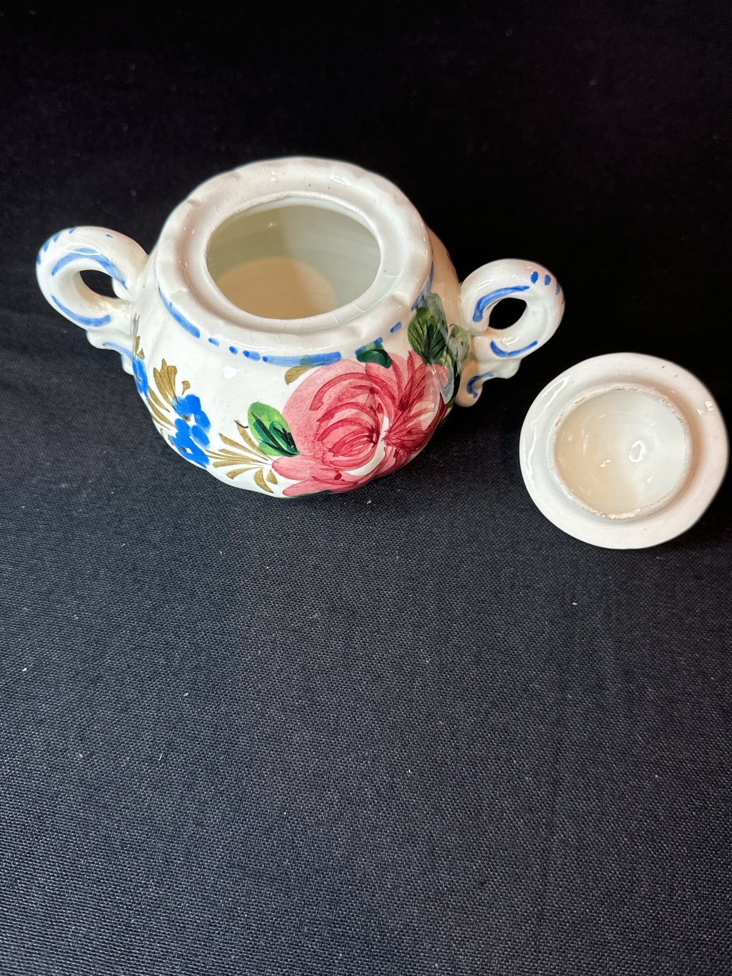 Vintage Italian Renaissance Revival Faience Floral Covered Sugar Bowl & Creamer