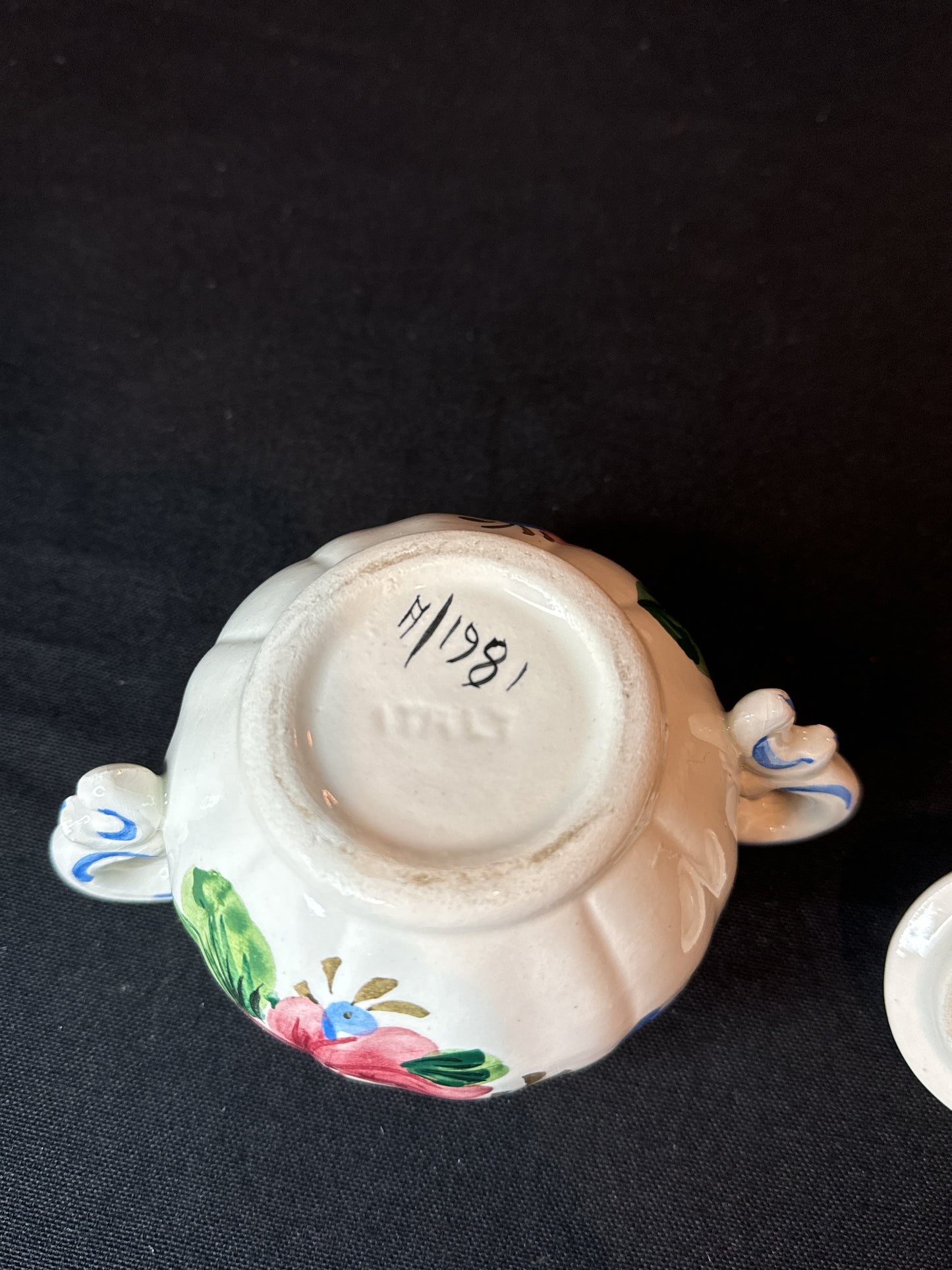 Vintage Italian Renaissance Revival Faience Floral Covered Sugar Bowl & Creamer