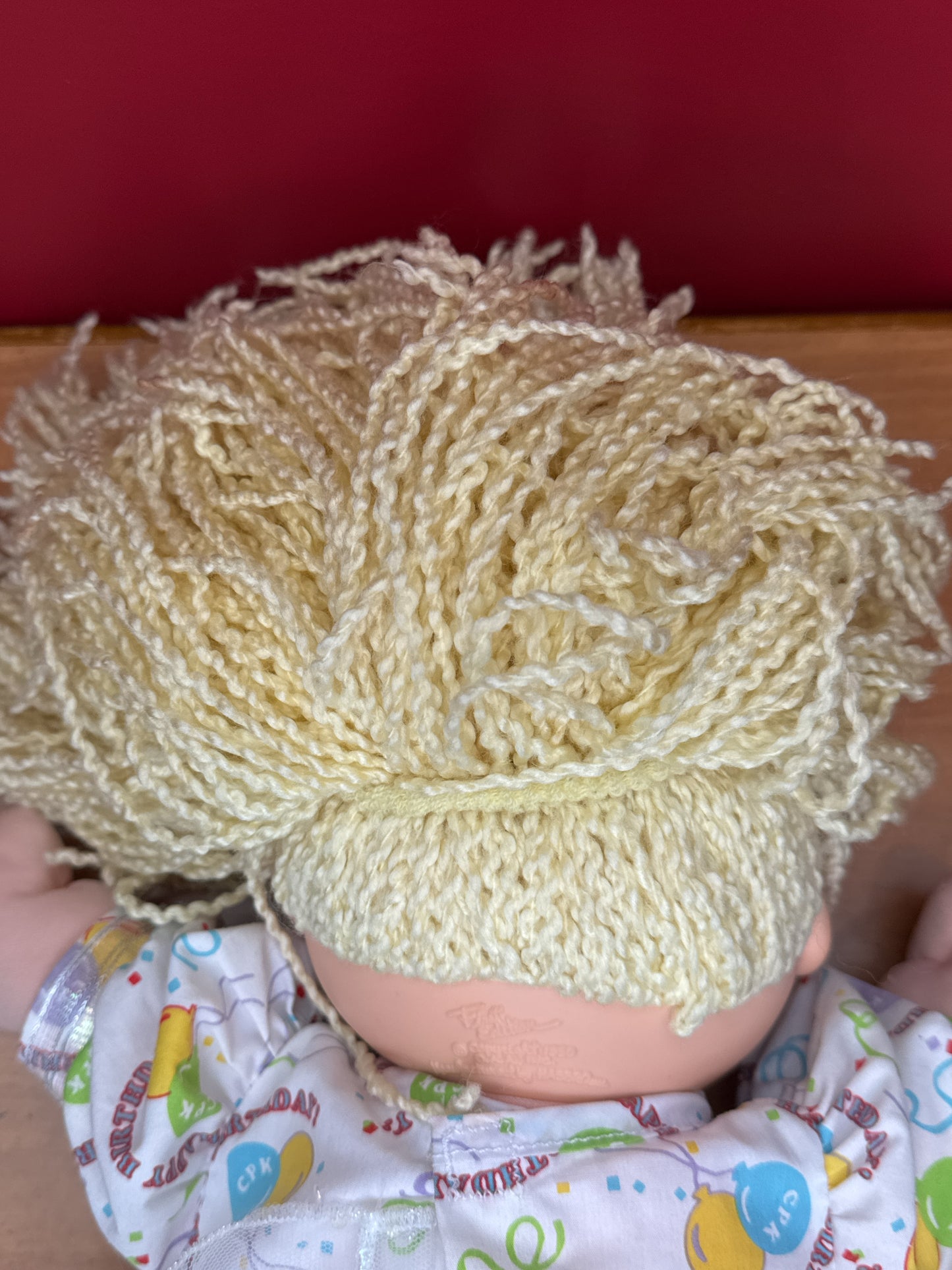 Vintage 1990 Hasbro Cabbage Patch Kid "Happy Birthday" Doll Blonde Hair Balloon Pattern Romper