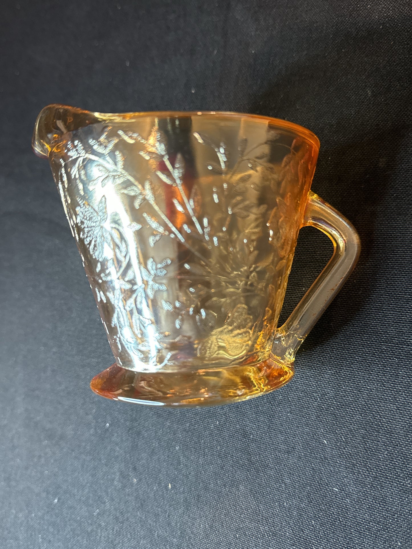 Vintage Jeanette Iridescent Carnival Depression Glass Floragold Creamer Pitcher 3.5" Tall
