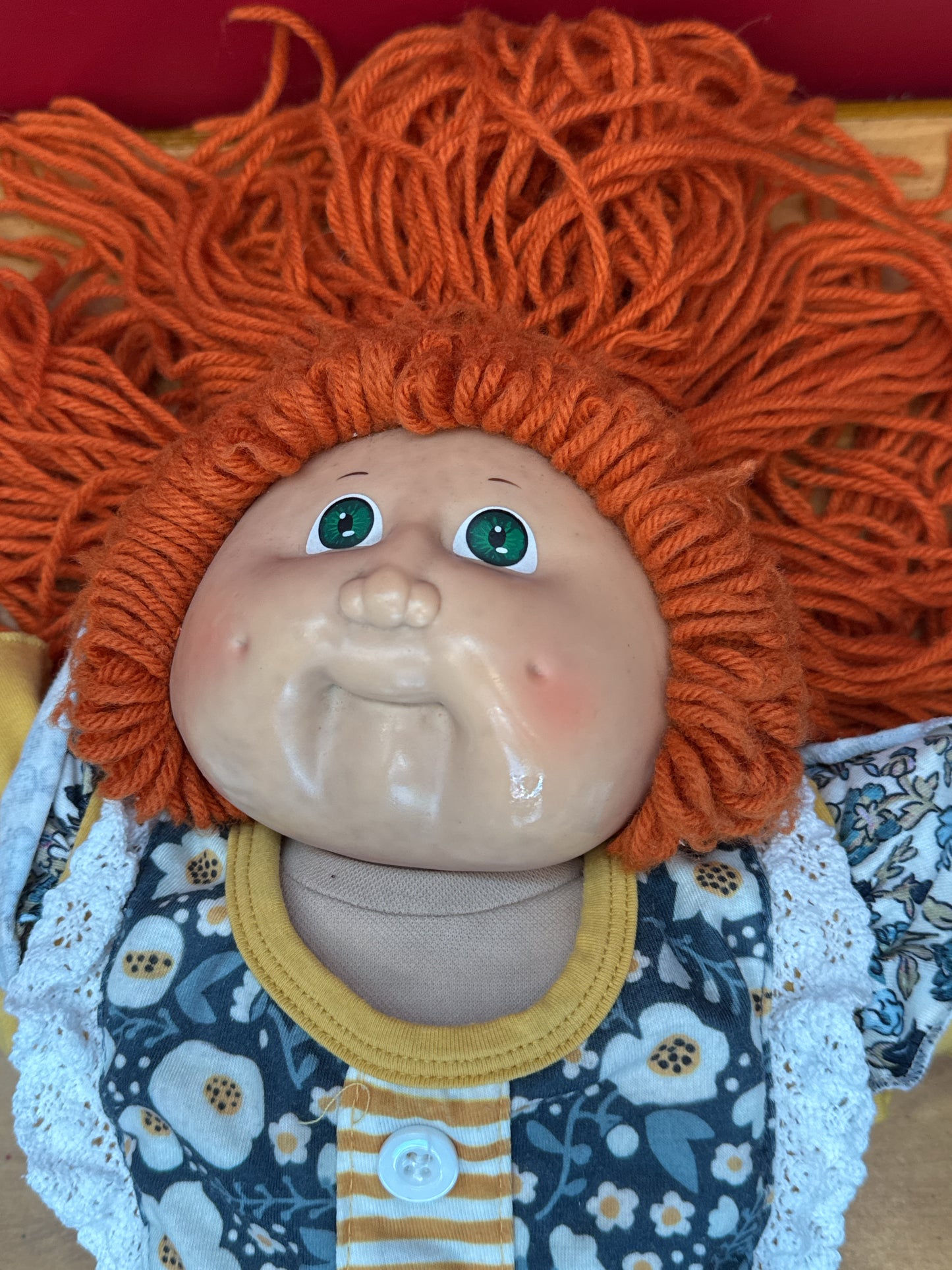 Rare Vintage Cabbage Patch Doll Red Yarn Hair and Green Eyes Green Signature 1984