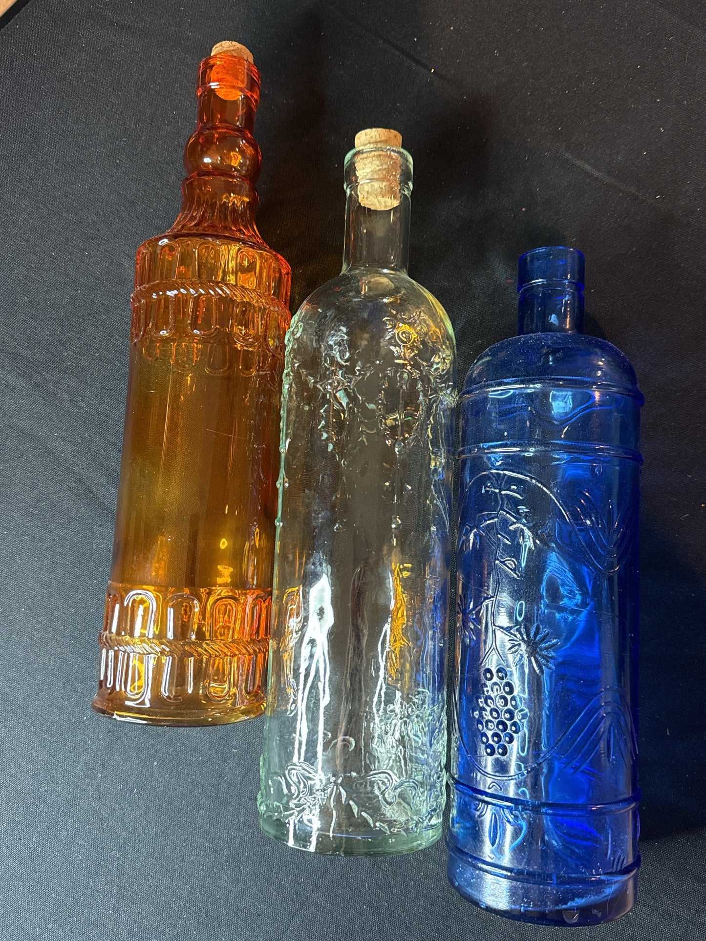 Vintage Cobalt Blue 11.5" Grapes Leaf Bottle, Green Tinted Glass 12" Bottle, Amber Bottle 12"