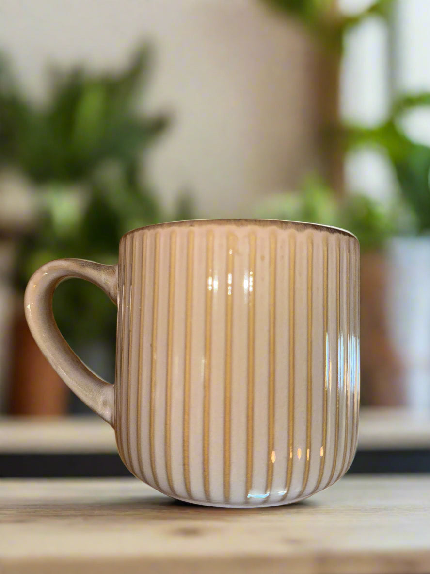 Pfaltzgraff Tan Ribbed Large Coffee Cup Mug 4" Tall New Never Used