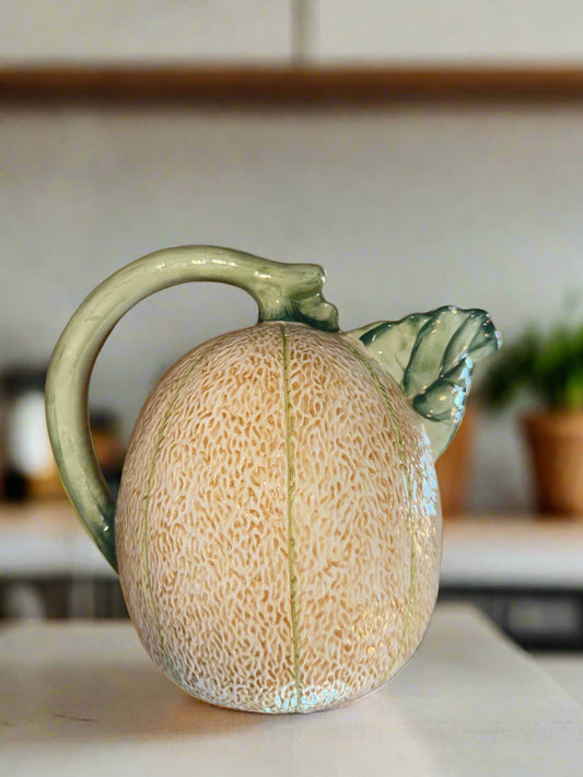 Vintage Cantaloupe Melon Pitcher Ceramic 7.5" Tall 7.5" Wide.