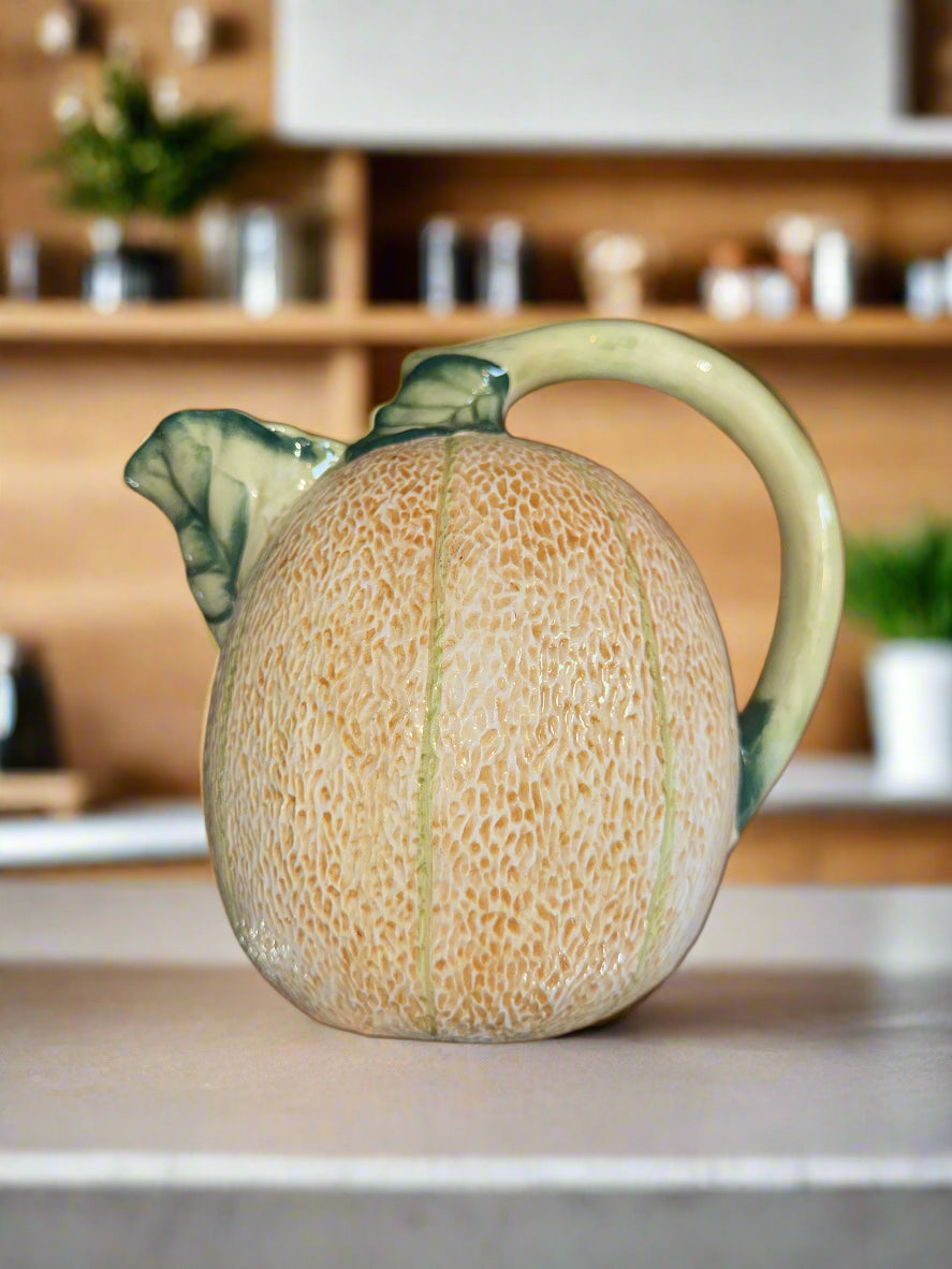 Vintage Cantaloupe Melon Pitcher Ceramic 7.5" Tall 7.5" Wide.