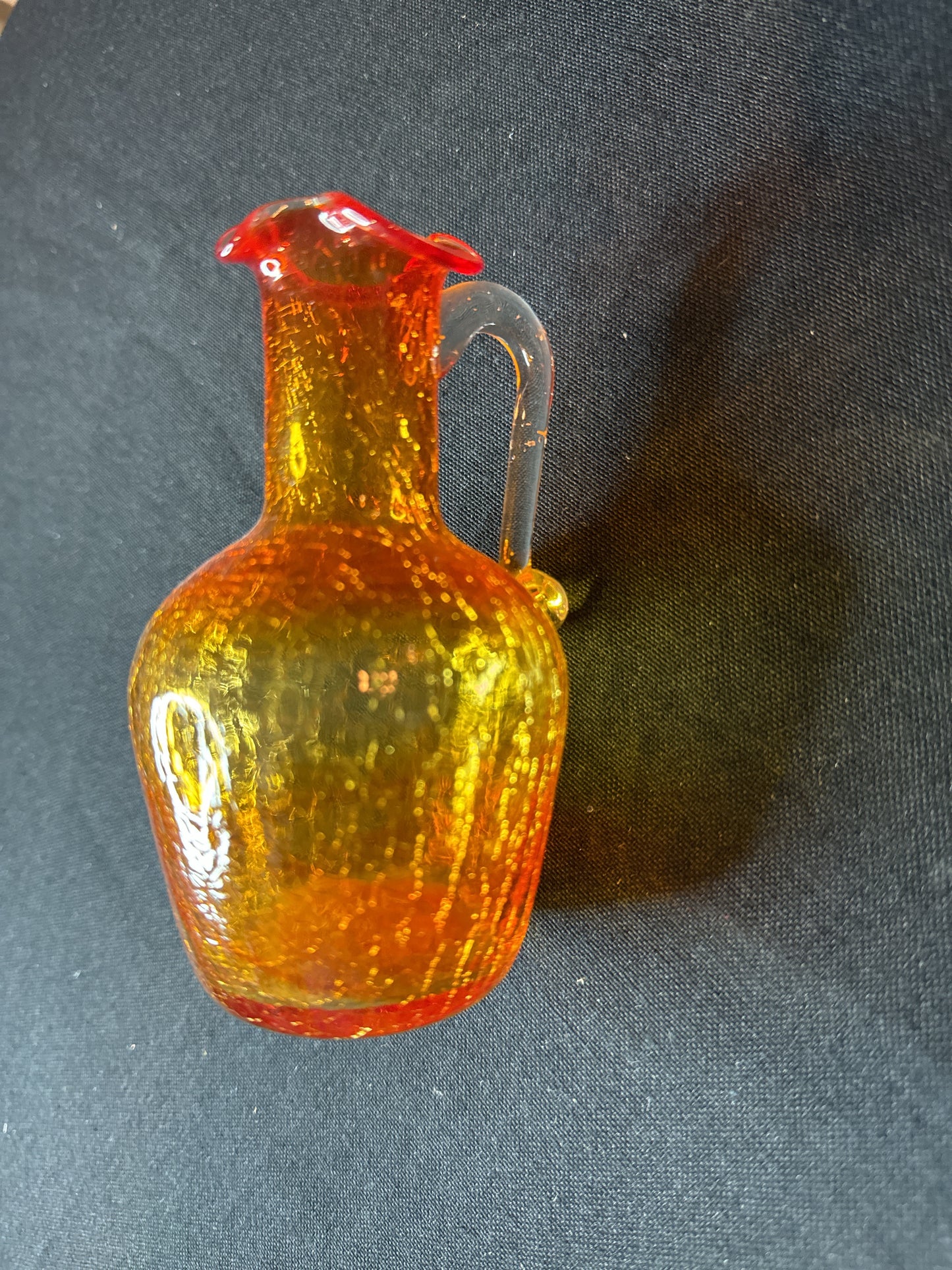 Vintage Pilgrim Hand Blown Crackle Art Glass Cruet Pitcher Orange Pitcher 4.75" Tall