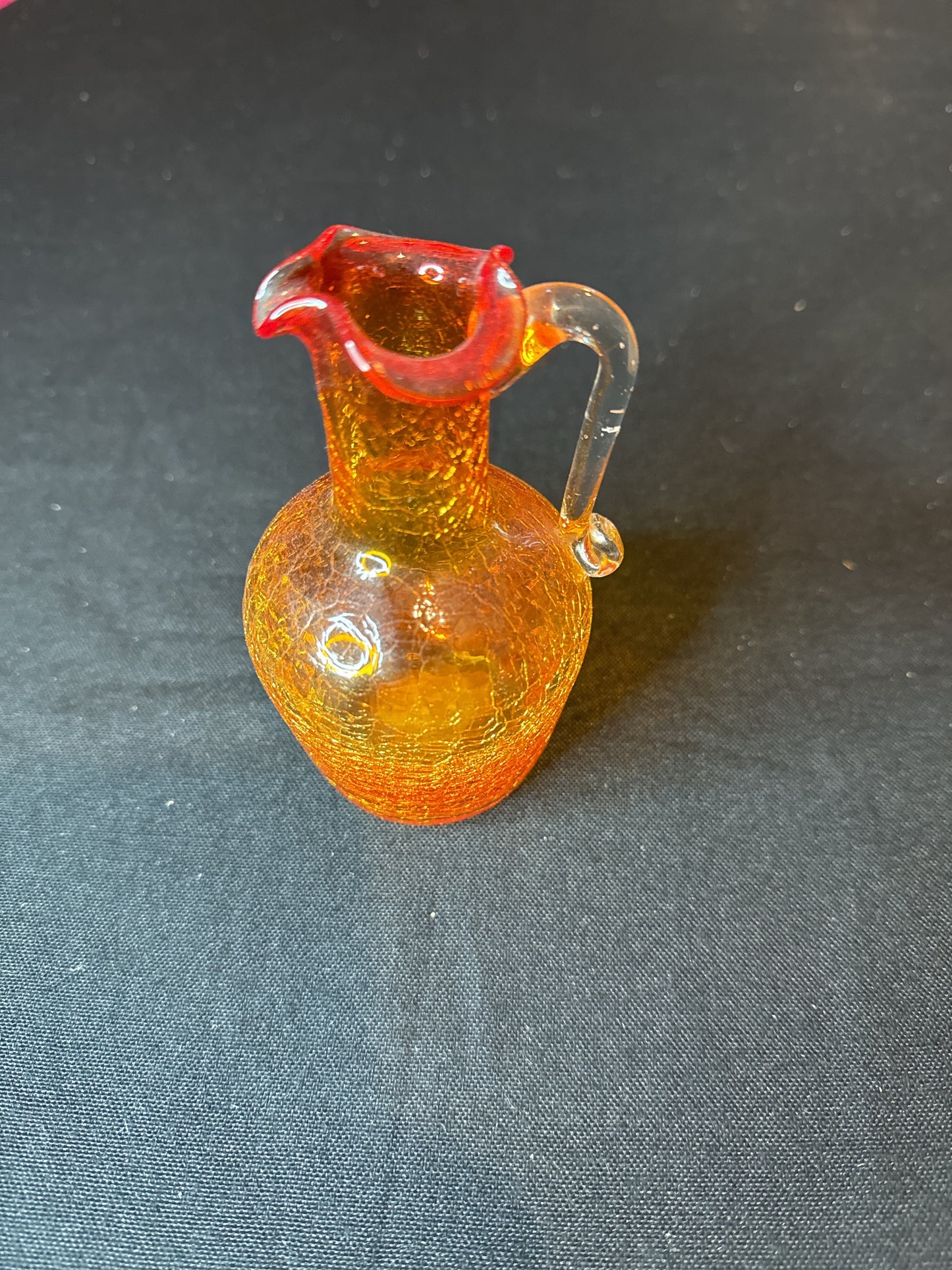 Vintage Pilgrim Hand Blown Crackle Art Glass Cruet Pitcher Orange Pitcher 4.75" Tall