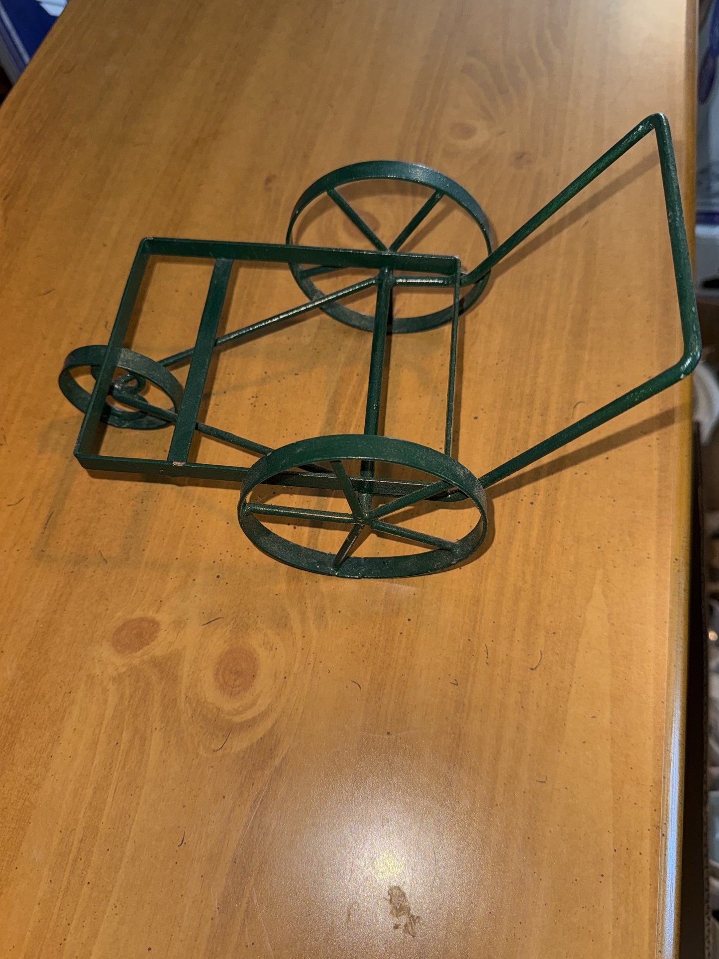 Small Decorative Metal Plant Holder Green Wheelbarrow 10" Long 5.5" Wide Inside 5.5"x 4.5"