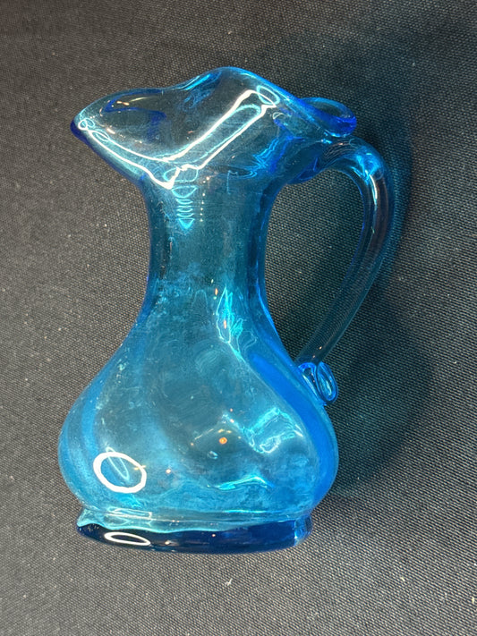 Vintage Hand Blown Aqua Blue Art Glass Pitcher w/Applied Handle 4.5"