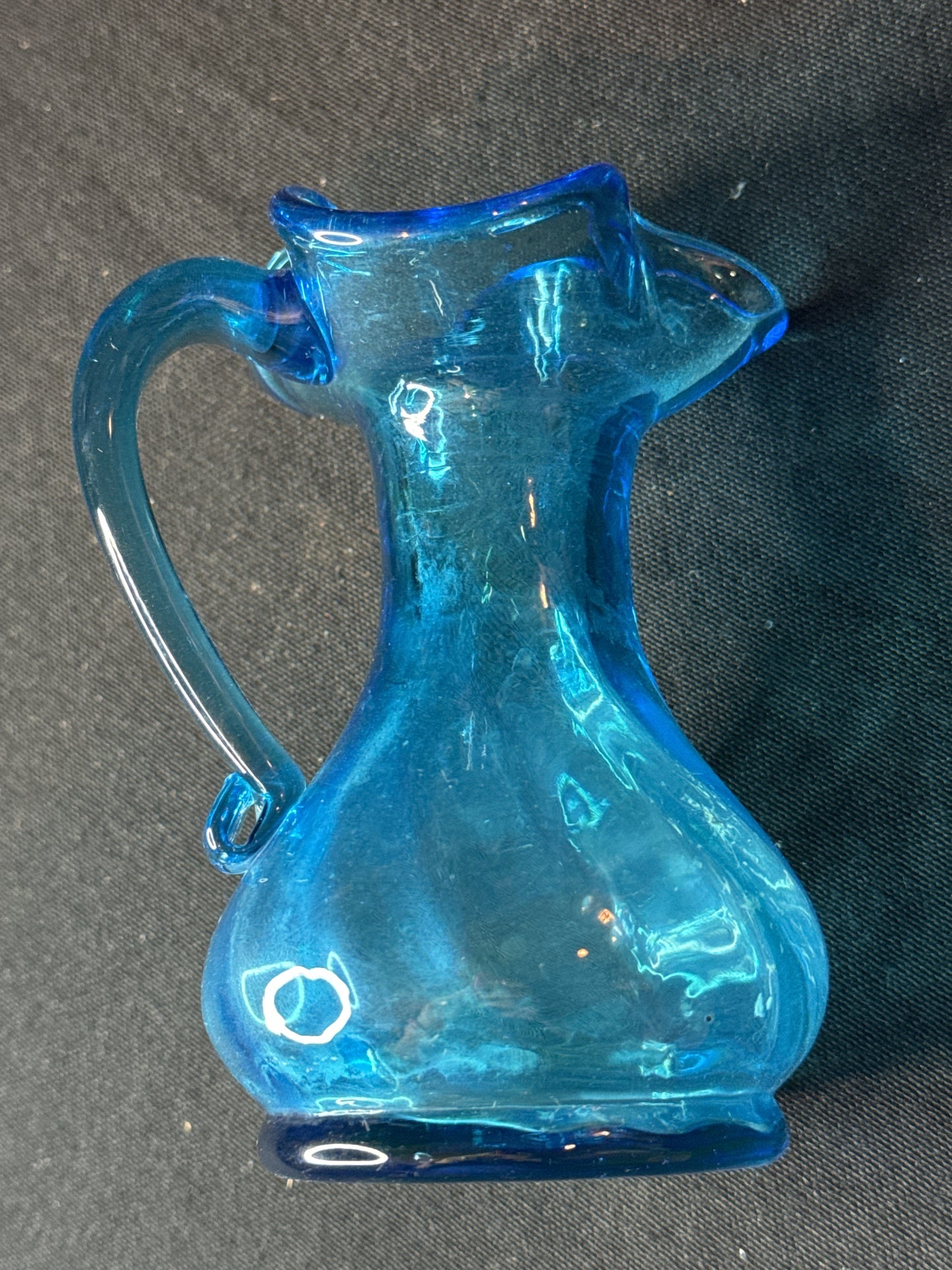 Vintage Hand Blown Aqua Blue Art Glass Pitcher w/Applied Handle 4.5"