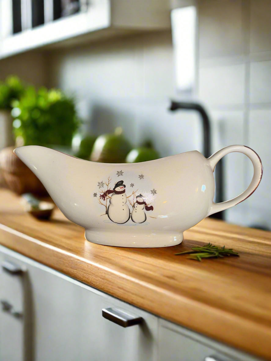 Royal Seasons Stoneware Gravy Boat Christmas Snowmen Winter 9.75" Long x 3.25" Tall
