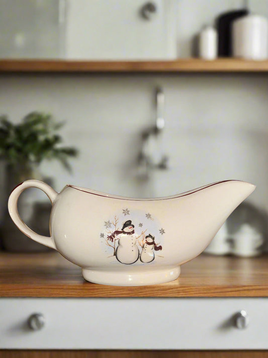 Royal Seasons Stoneware Gravy Boat Christmas Snowmen Winter 9.75" Long x 3.25" Tall