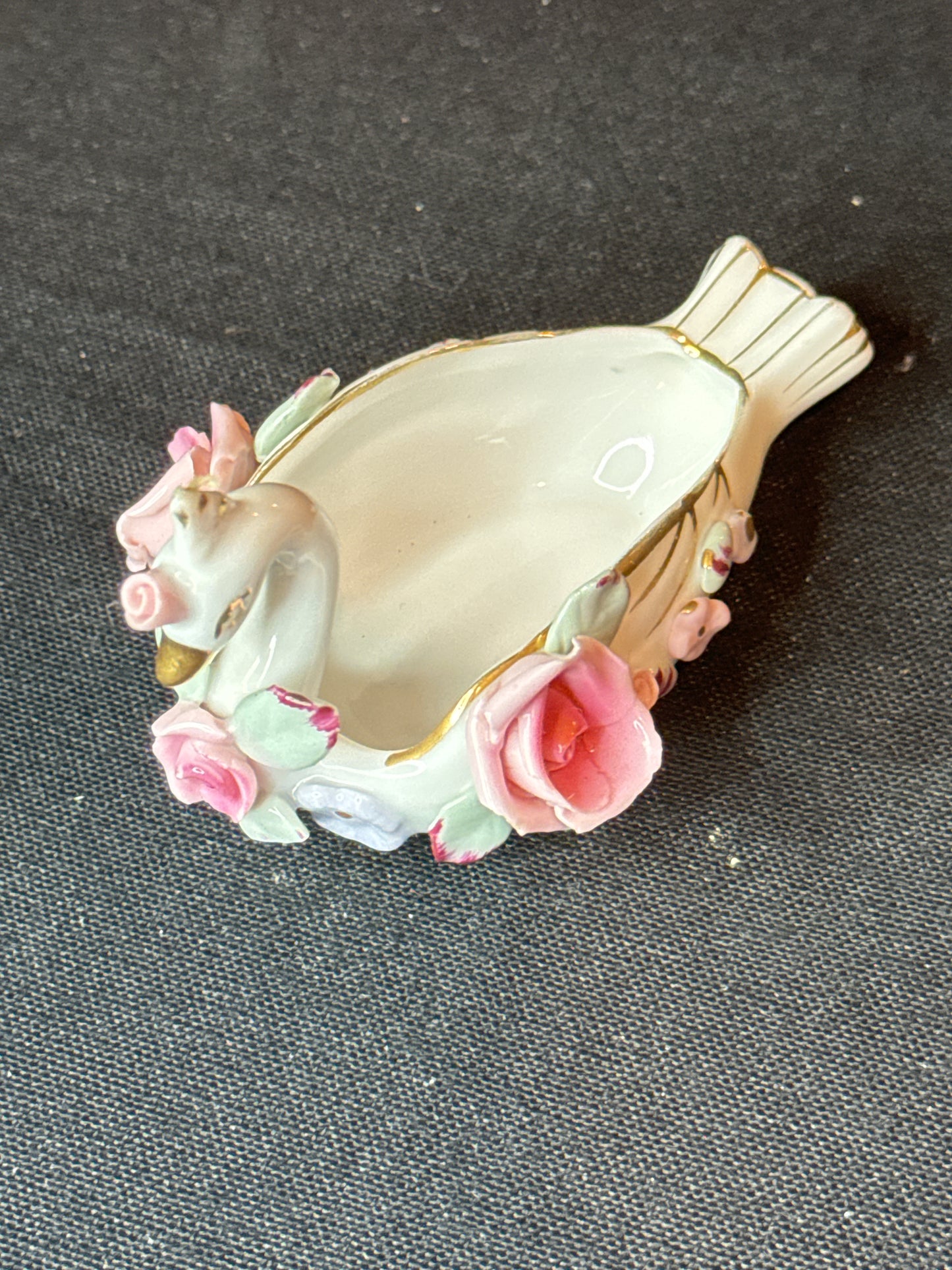 Vintage Lefton China Ashtray Single Individual Swan Roses Gold Trim EVC