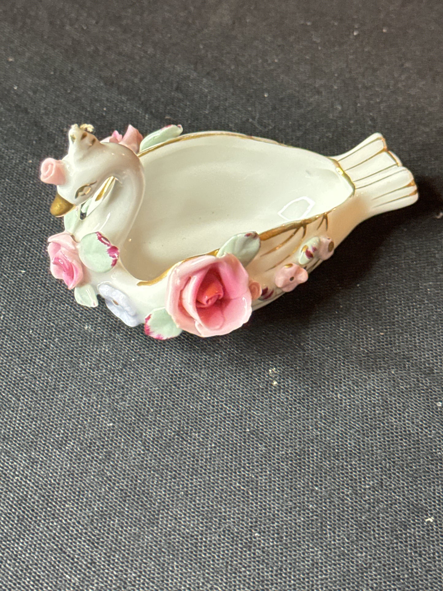 Vintage Lefton China Ashtray Single Individual Swan Roses Gold Trim EVC