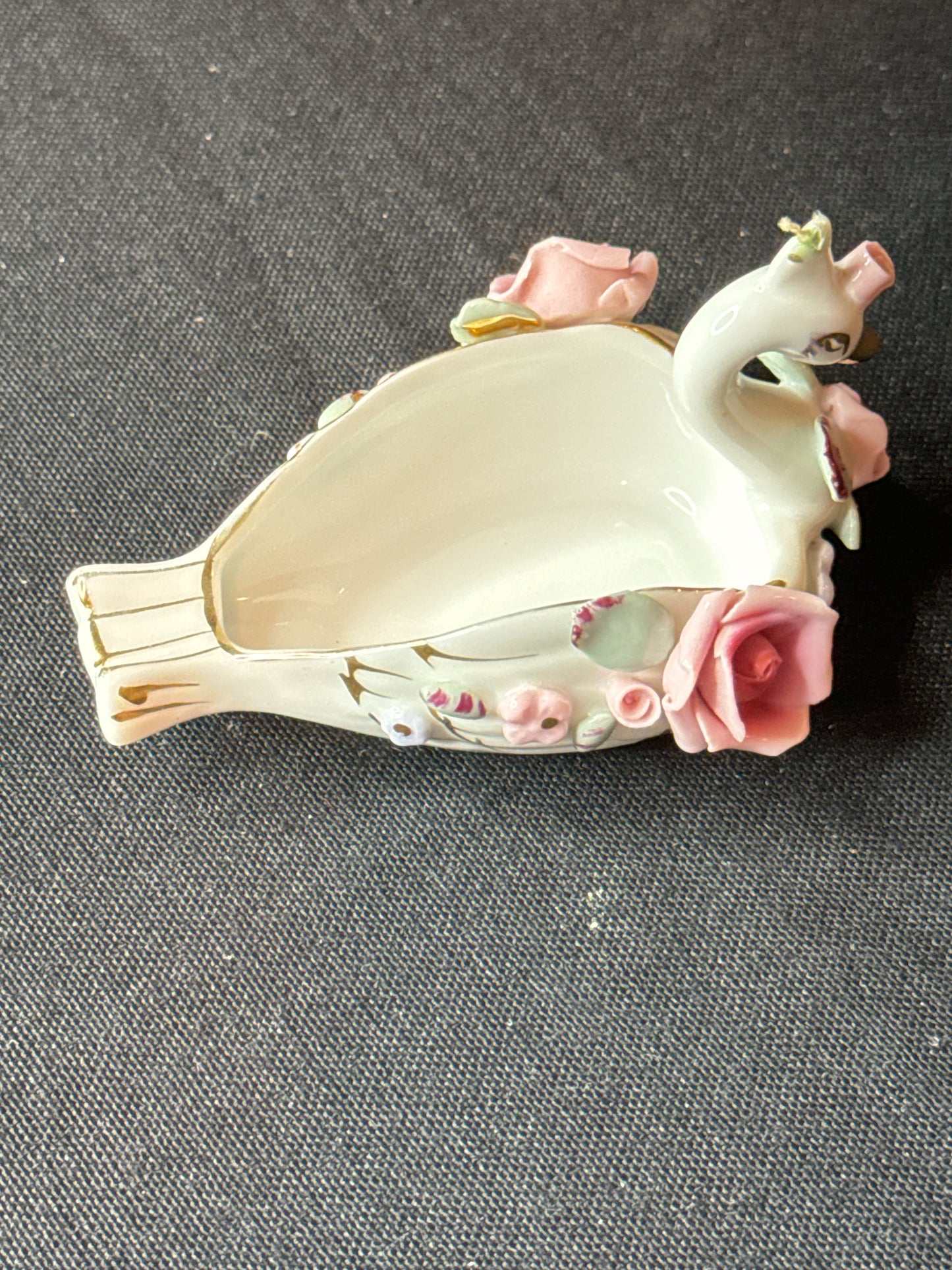 Vintage Lefton China Ashtray Single Individual Swan Roses Gold Trim EVC