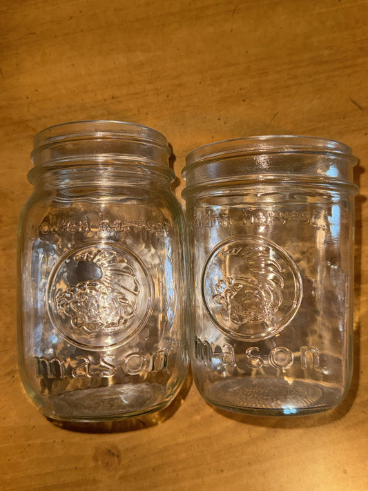 Pair of Different Golden Harvest Mason Jars Clear With No Lids 4.75" Tall and 5.25" Tall