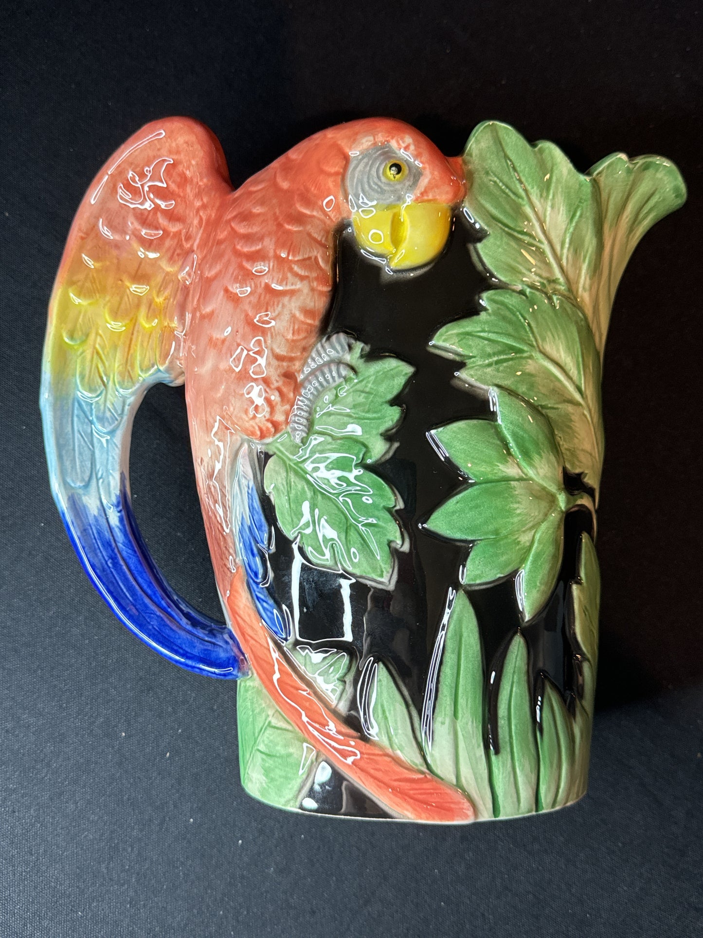 Fitz & Floyd Jungle Pattern Parrot Figural Pitcher 48oz 8.5" to Spout Excellent Condition