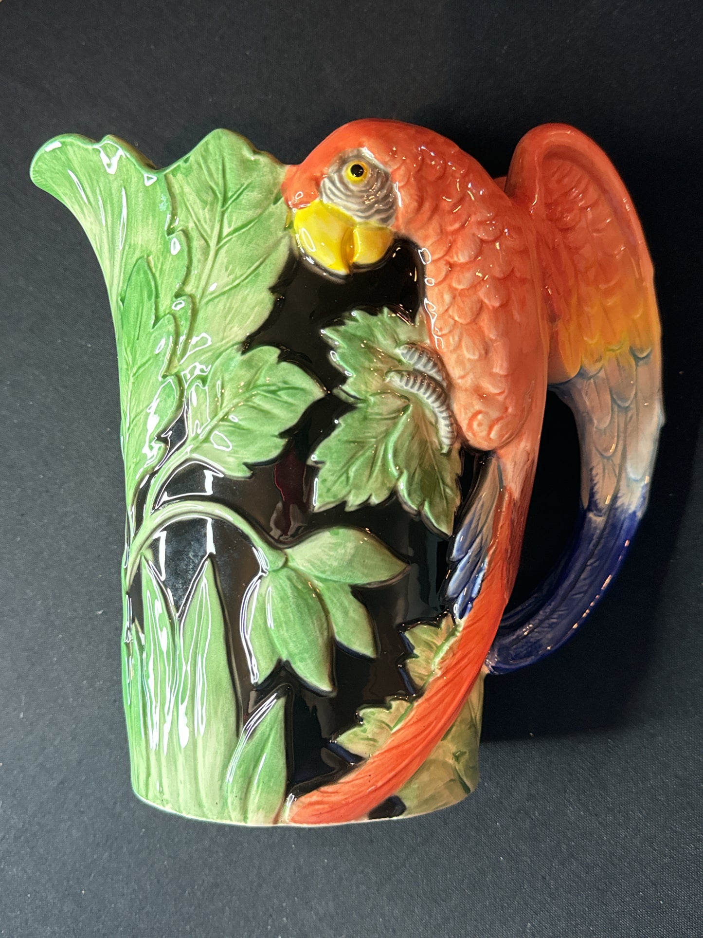 Fitz & Floyd Jungle Pattern Parrot Figural Pitcher 48oz 8.5" to Spout Excellent Condition