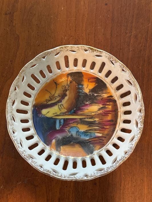 Vintage Small Reticulated Lattice Porcelain Trinket Dish Oriental Asian 5.25" Wide