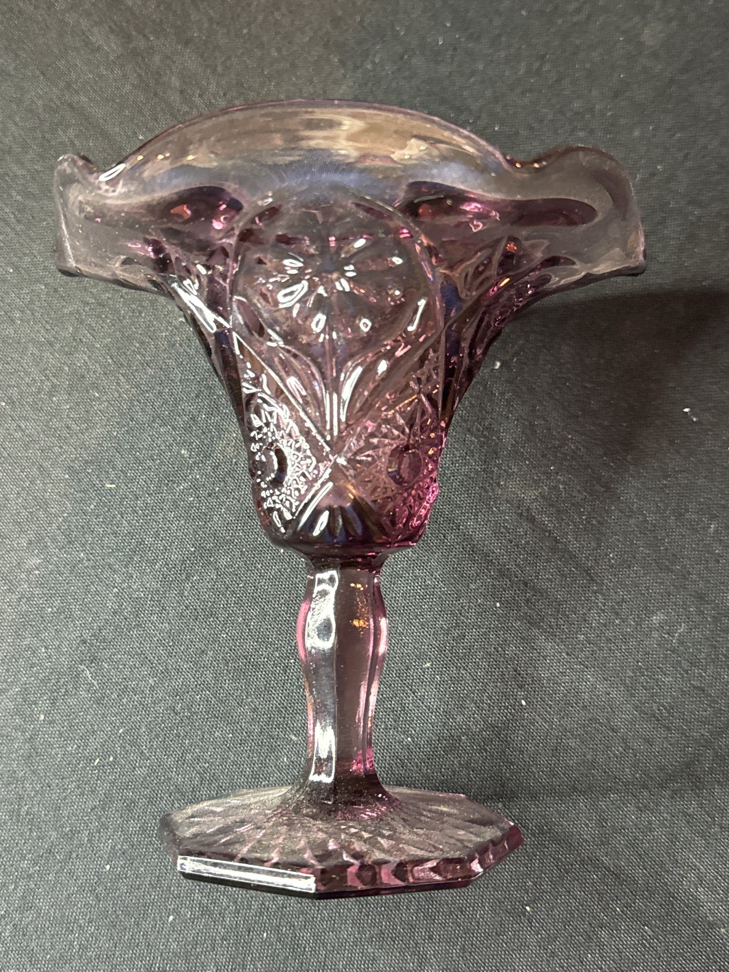 Vintage Imperial Glass Ohio Amethyst Cosmos Footed Compote Ruffled Edge 5.75" Tall