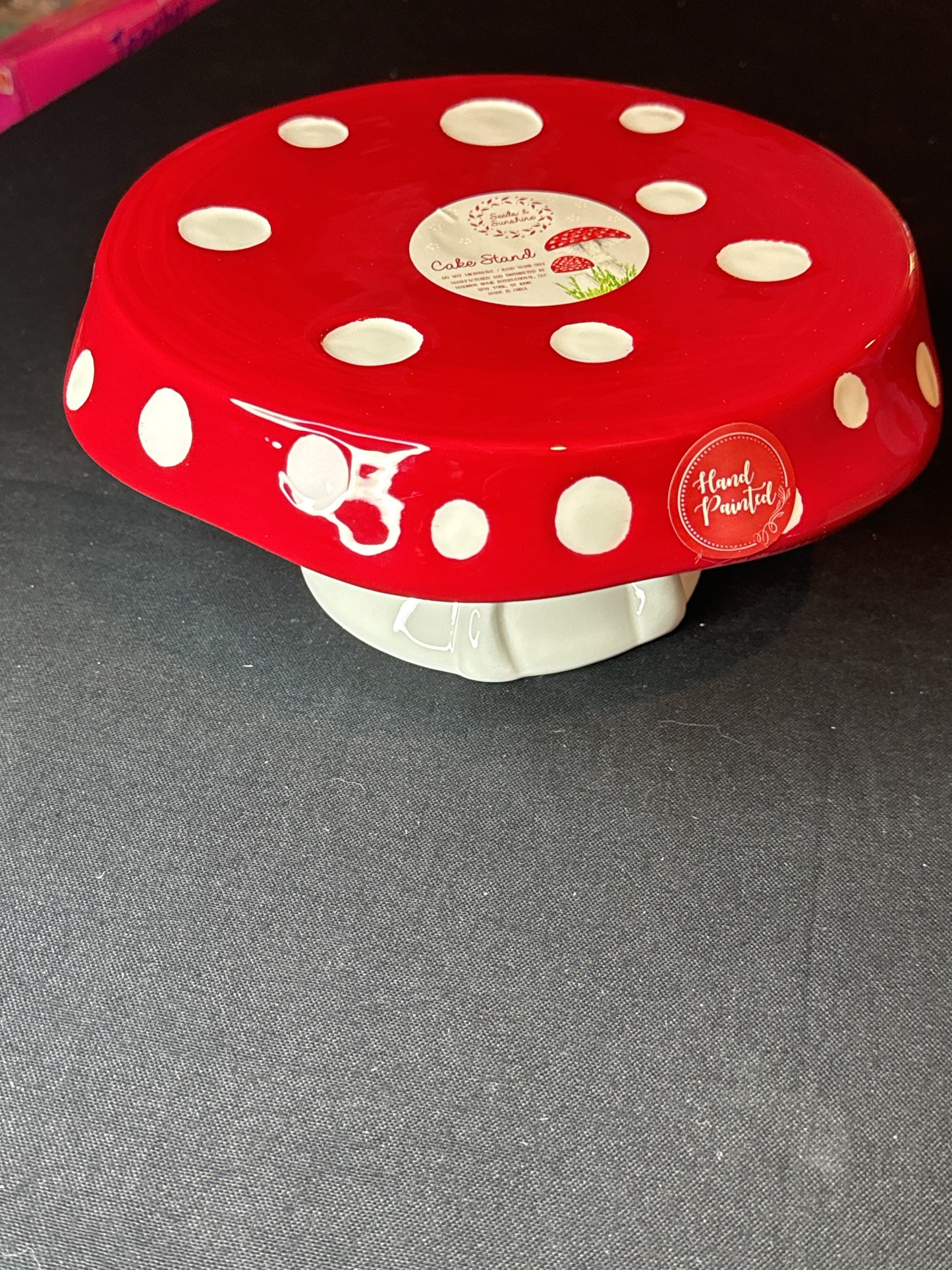 Seeds & Sunshine Red & White Mushroom Cake Stand 8" Wide 4.25" Tall