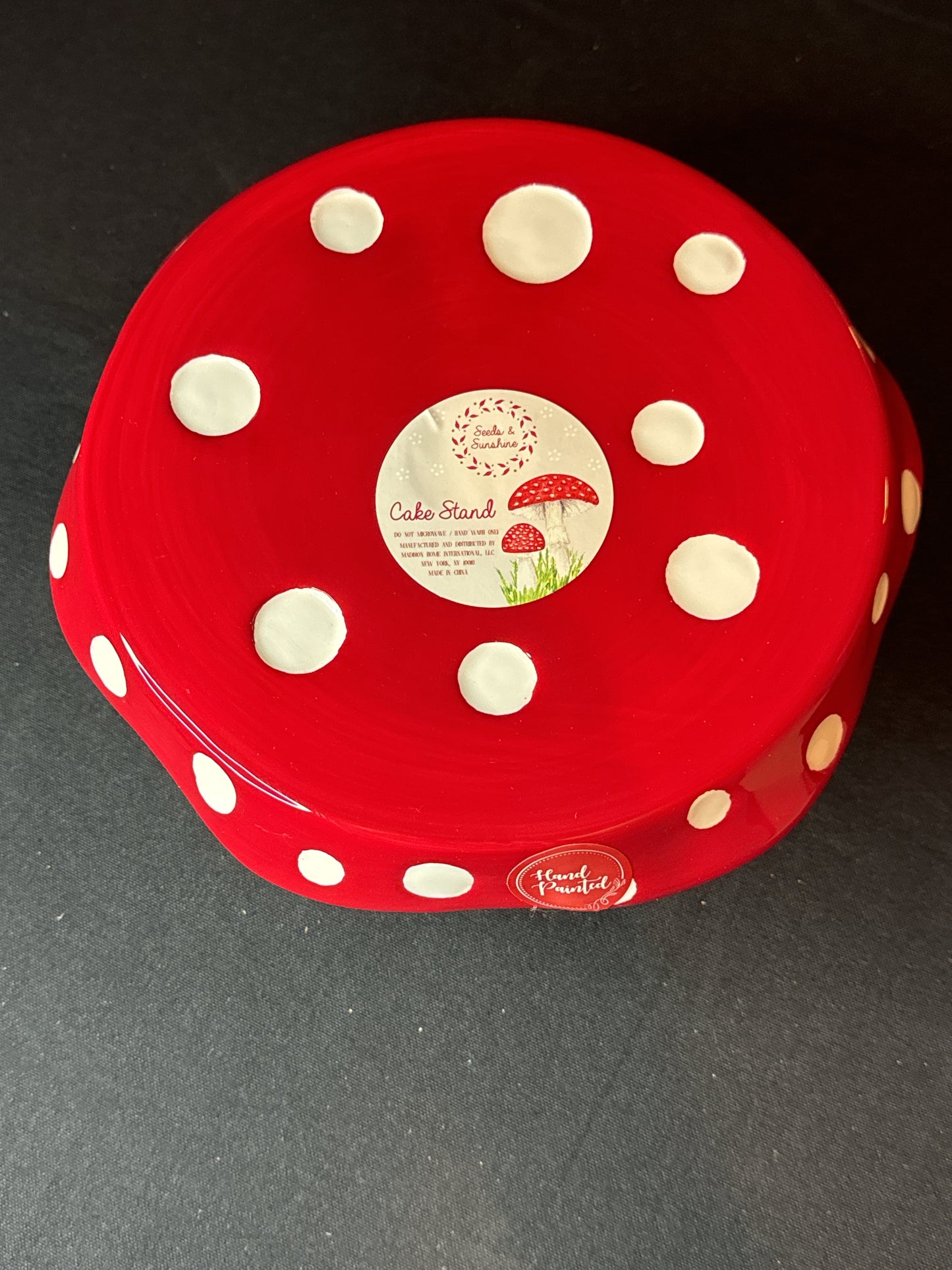 Seeds & Sunshine Red & White Mushroom Cake Stand 8" Wide 4.25" Tall