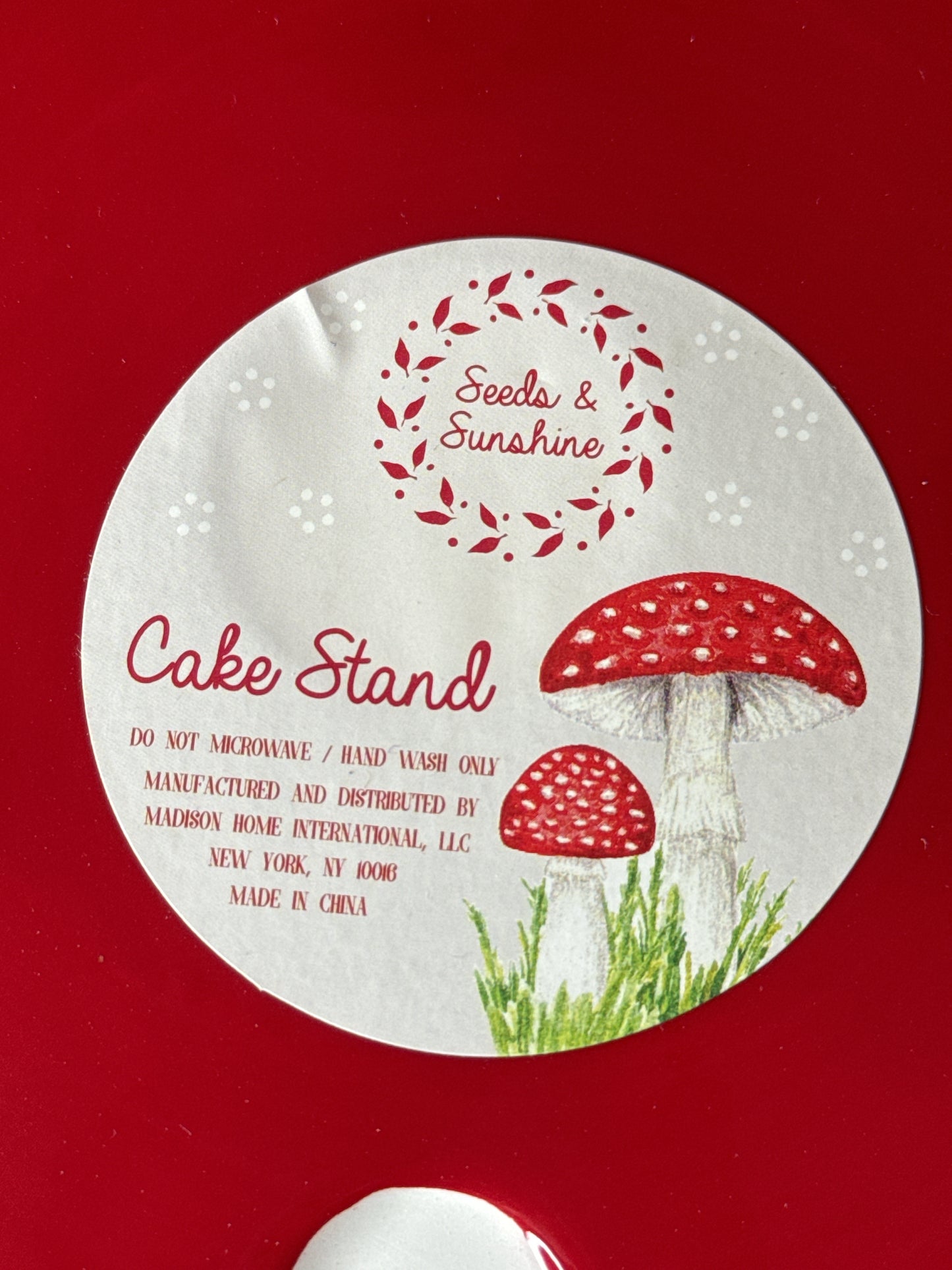 Seeds & Sunshine Red & White Mushroom Cake Stand 8" Wide 4.25" Tall