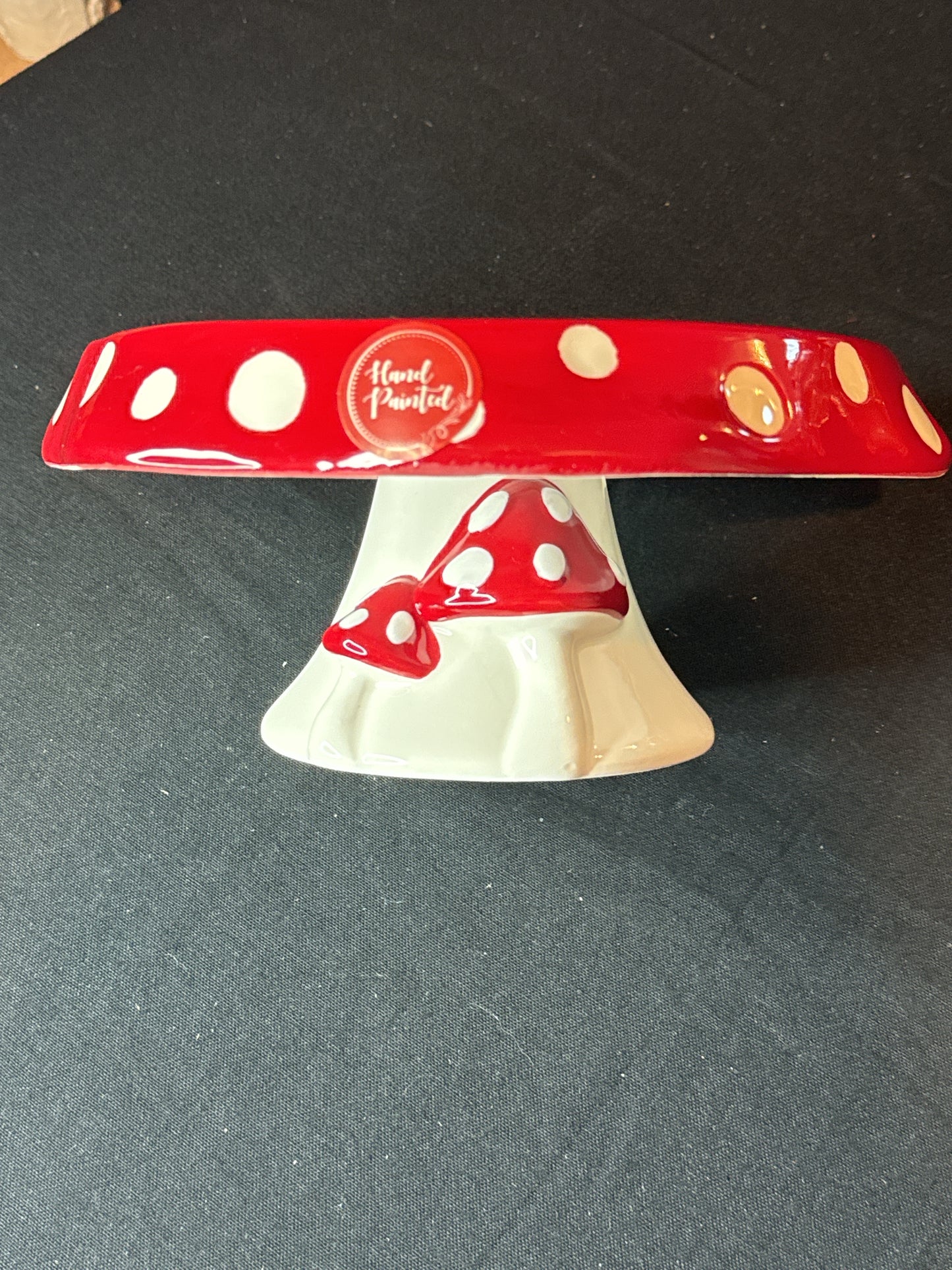 Seeds & Sunshine Red & White Mushroom Cake Stand 8" Wide 4.25" Tall