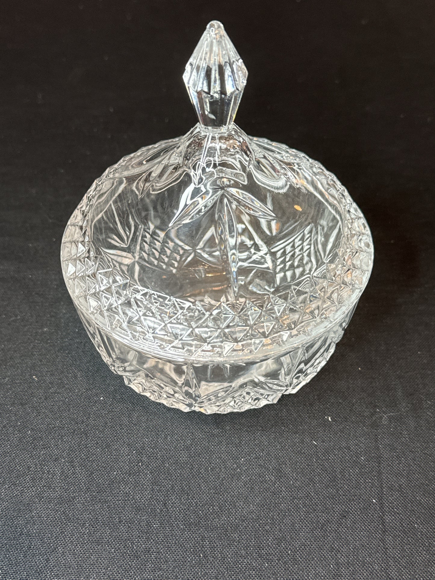 Crystal Candy Dish with Lid Clear Crystal Cut Glass Finial Handle 6" Tall 5" Diameter