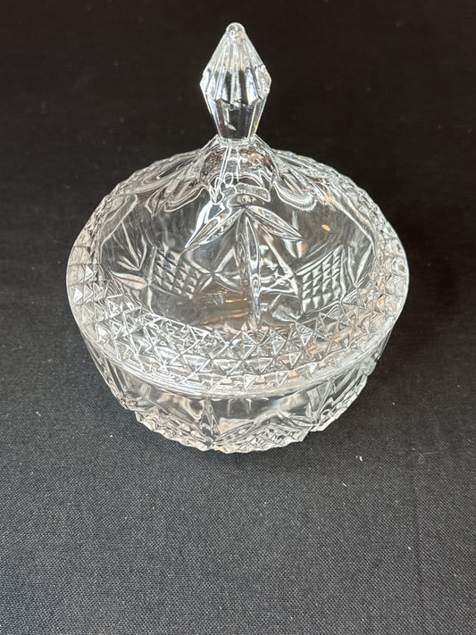 Crystal Candy Dish with Lid Clear Crystal Cut Glass Finial Handle 6" Tall 5" Diameter