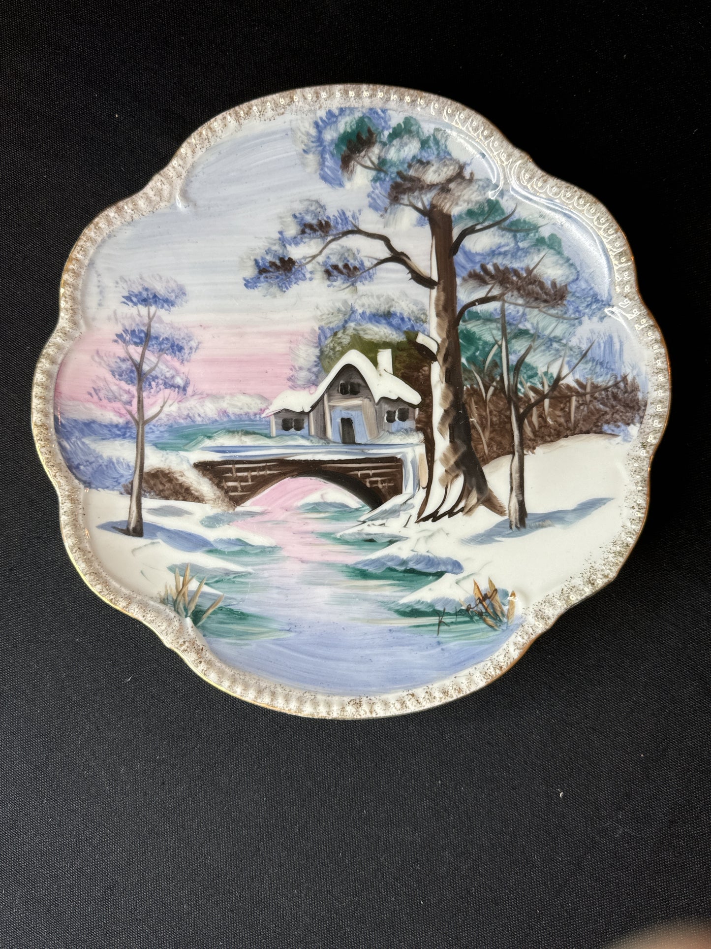 Pair of Vintage Winter & Castle Lake 8.5" Plates Signed K. Kassy & J. Aoki Respectively