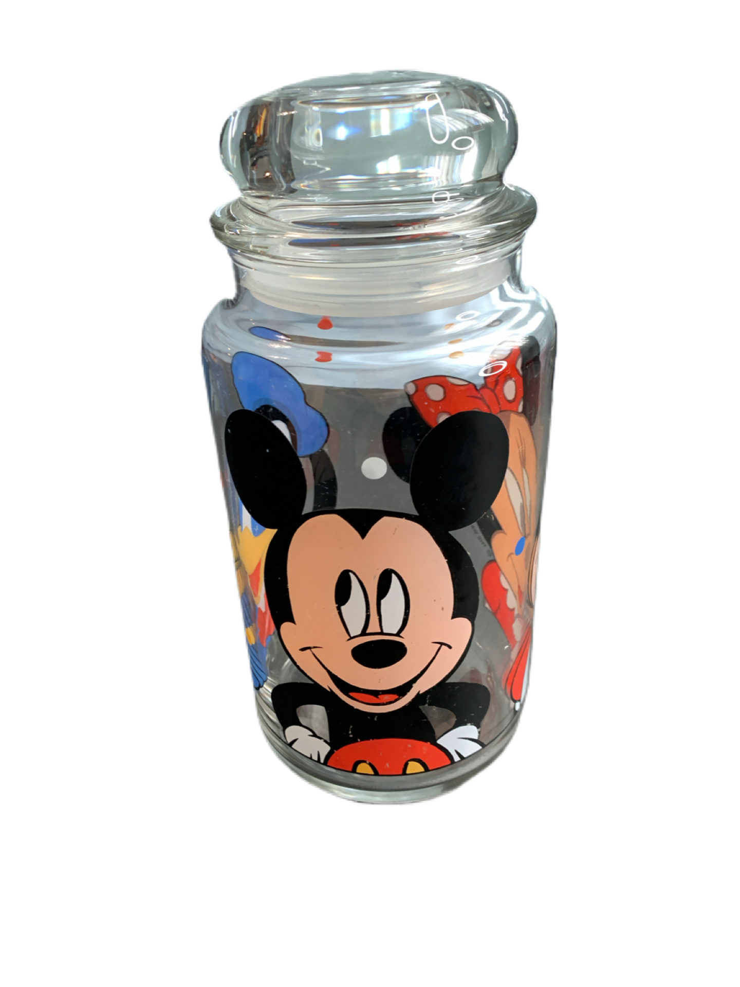 Disney Glass Jar with Mickey, Minnie and Donald Duck with Lid Canister Anchor Hocking