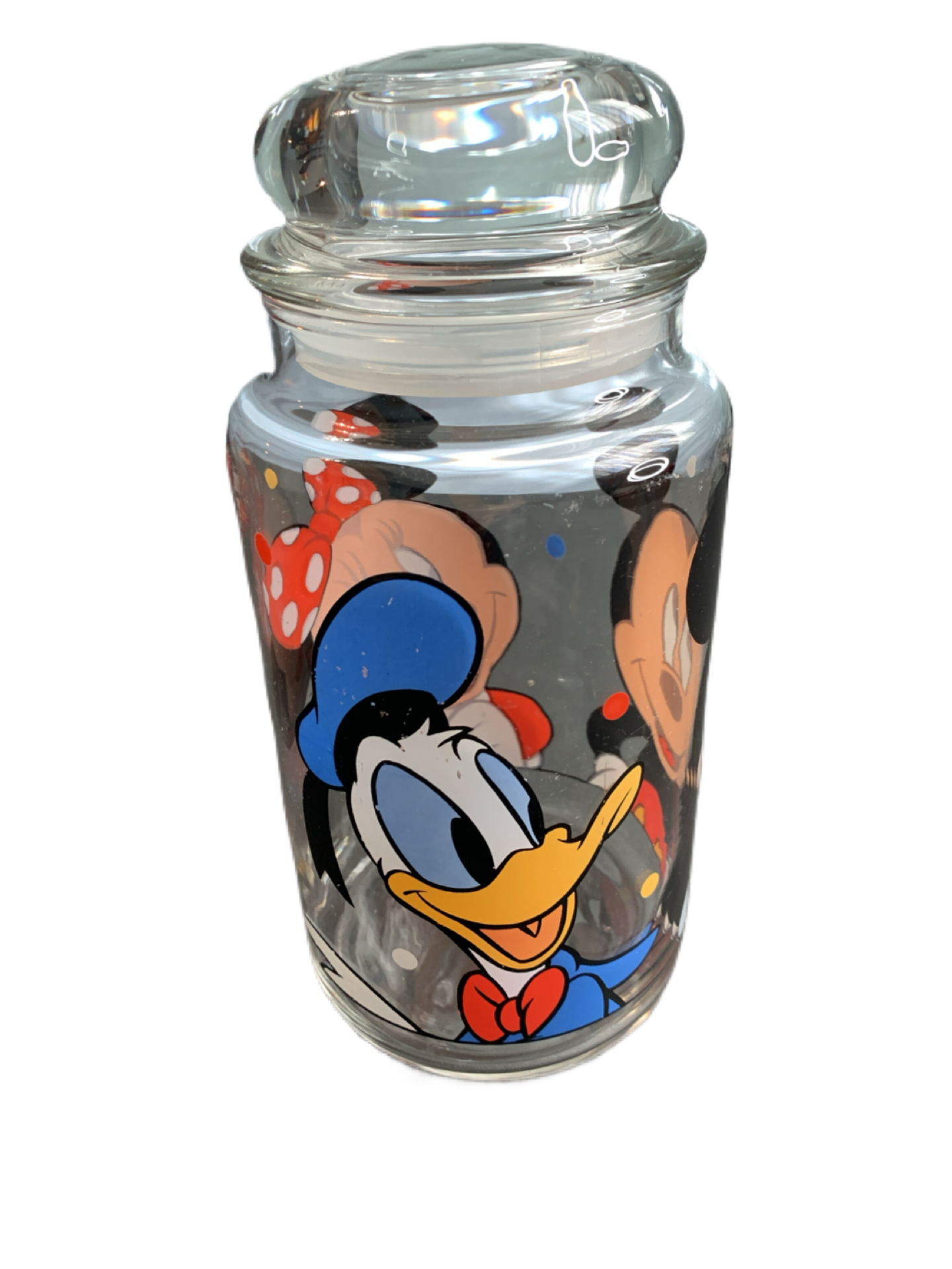 Disney Glass Jar with Mickey, Minnie and Donald Duck with Lid Canister Anchor Hocking