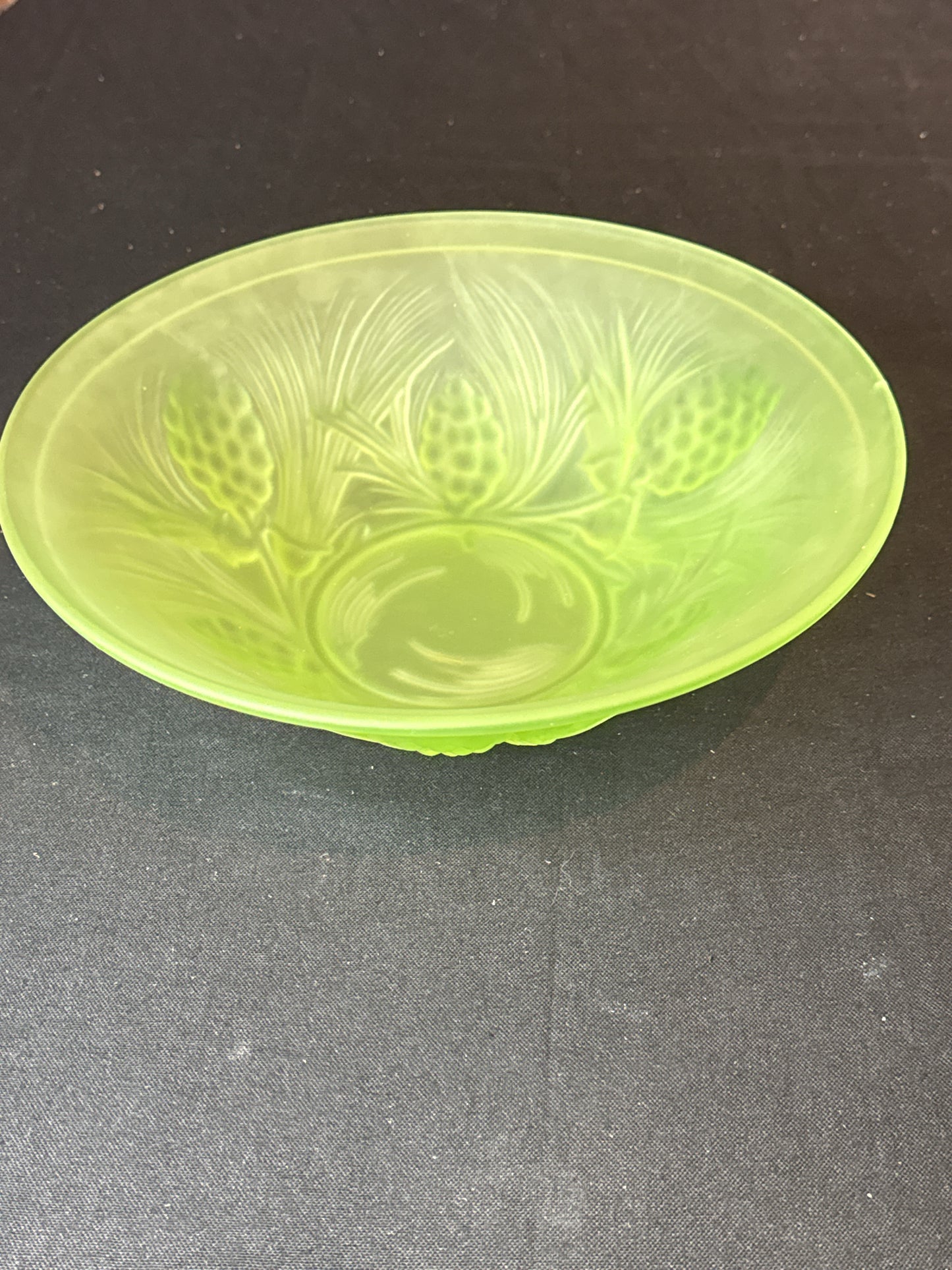 Uranium Glass Fruit Bowl with Pine Cone Design Excellent Condition 10.5" Wide 3.5" Tall