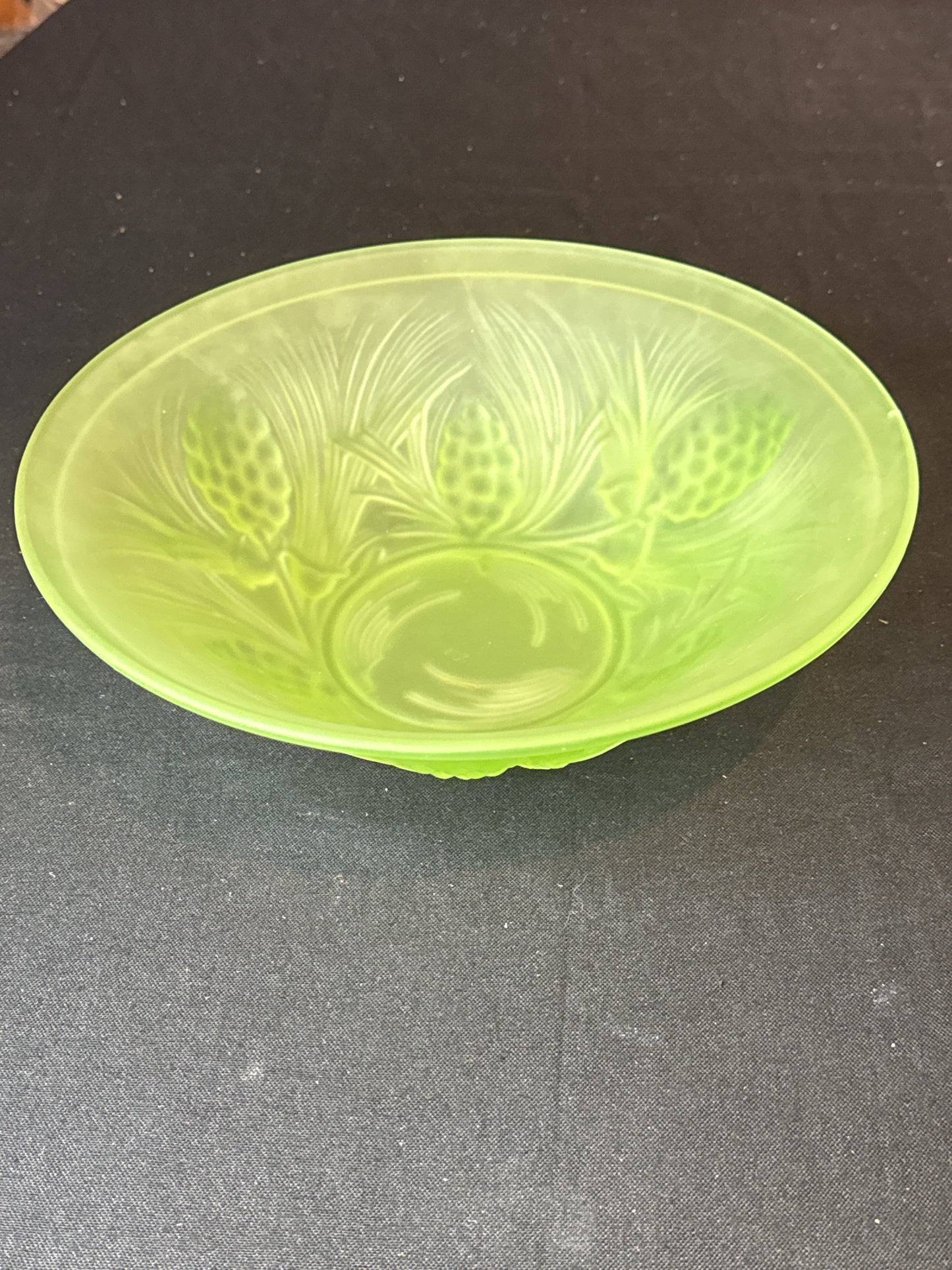 Uranium Glass Fruit Bowl with Pine Cone Design Excellent Condition 10.5" Wide 3.5" Tall