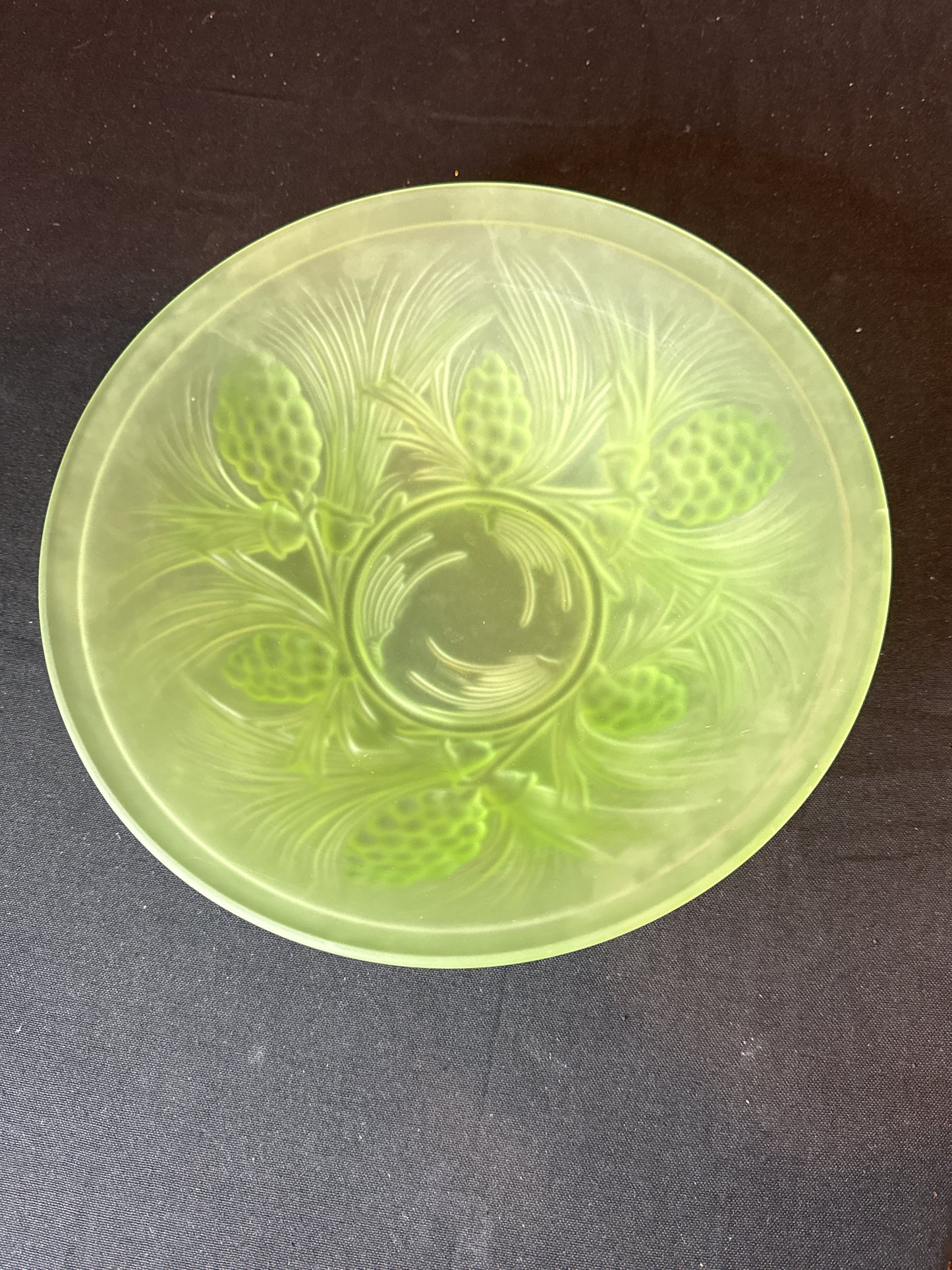 Uranium Glass Fruit Bowl with Pine Cone Design Excellent Condition 10.5" Wide 3.5" Tall