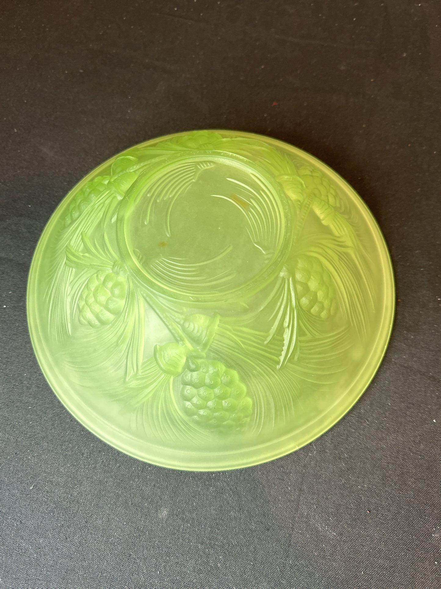 Uranium Glass Fruit Bowl with Pine Cone Design Excellent Condition 10.5" Wide 3.5" Tall