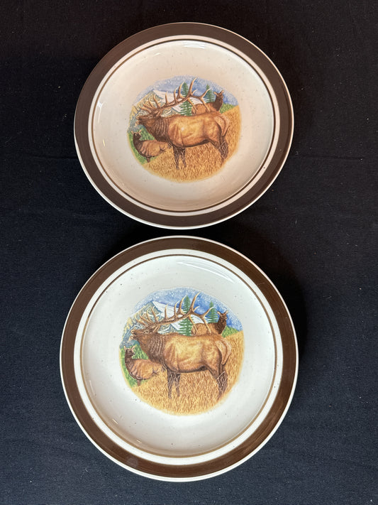 Pair of Folkcraft Stoneware Cabelas Bugling Elk 8.5" Salad/Dessert Plates