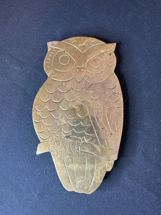 Vintage Solid Brass Owl Travel Hot Plate Wall Decor 1970s Retro Penco 8.5" x 5"