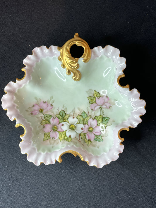 Hand Painted Ceramic Ruffled Edge Candy Dish Vintage 1959 8" x 8" x 2"