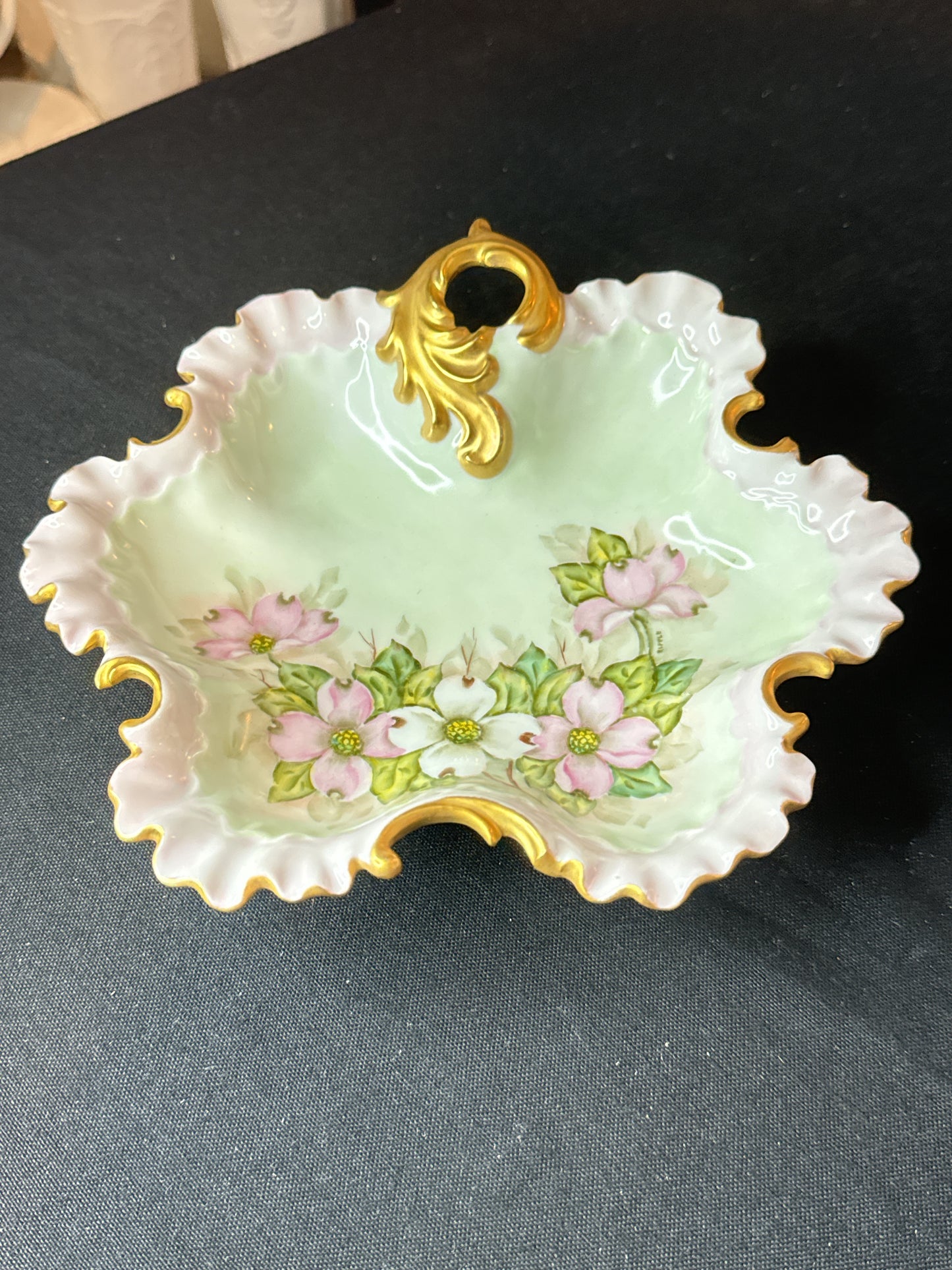 Hand Painted Ceramic Ruffled Edge Candy Dish Vintage 1959 8" x 8" x 2"